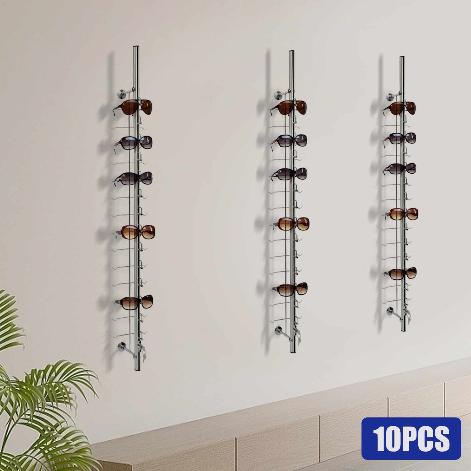 10PCS Lockable Wall-Mounted Sunglasses Display Racks - Eyeglass Holder Stand for Retail Stores (Holds 14 Frames) - Perfect for Optical Shops, Sunglass Boutiques & Department Store Displays