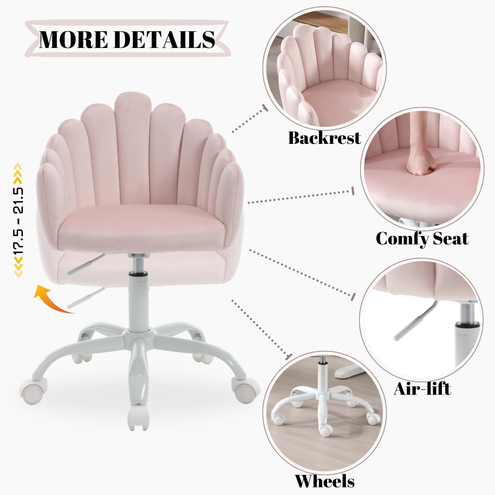 DUOMAY Adjustable Kids Desk Chair with Wheels - Pink Velvet Swivel Computer Chair for Boys and Girls, Ergonomic Study Chair for Children's Bedroom, Homeschooling & Gaming Setup