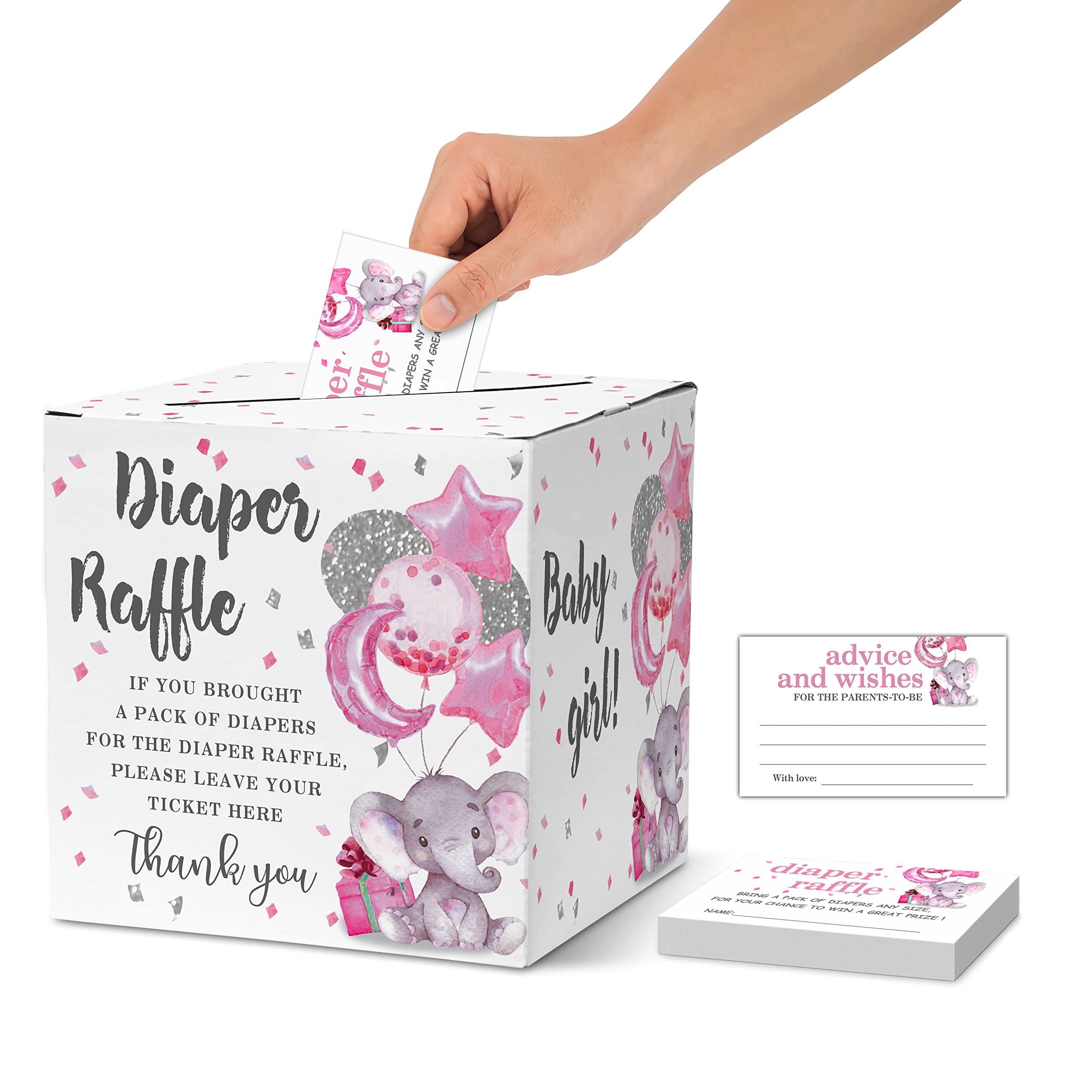 Pink Elephant Balloon Diaper Raffle Tickets Set - Baby Shower Party Game Cards, Advice Cards & Decorations (50 Cards + 1 Gift Box) - Perfect for Gender Reveal, Baby Shower Favors and Nursery Decor