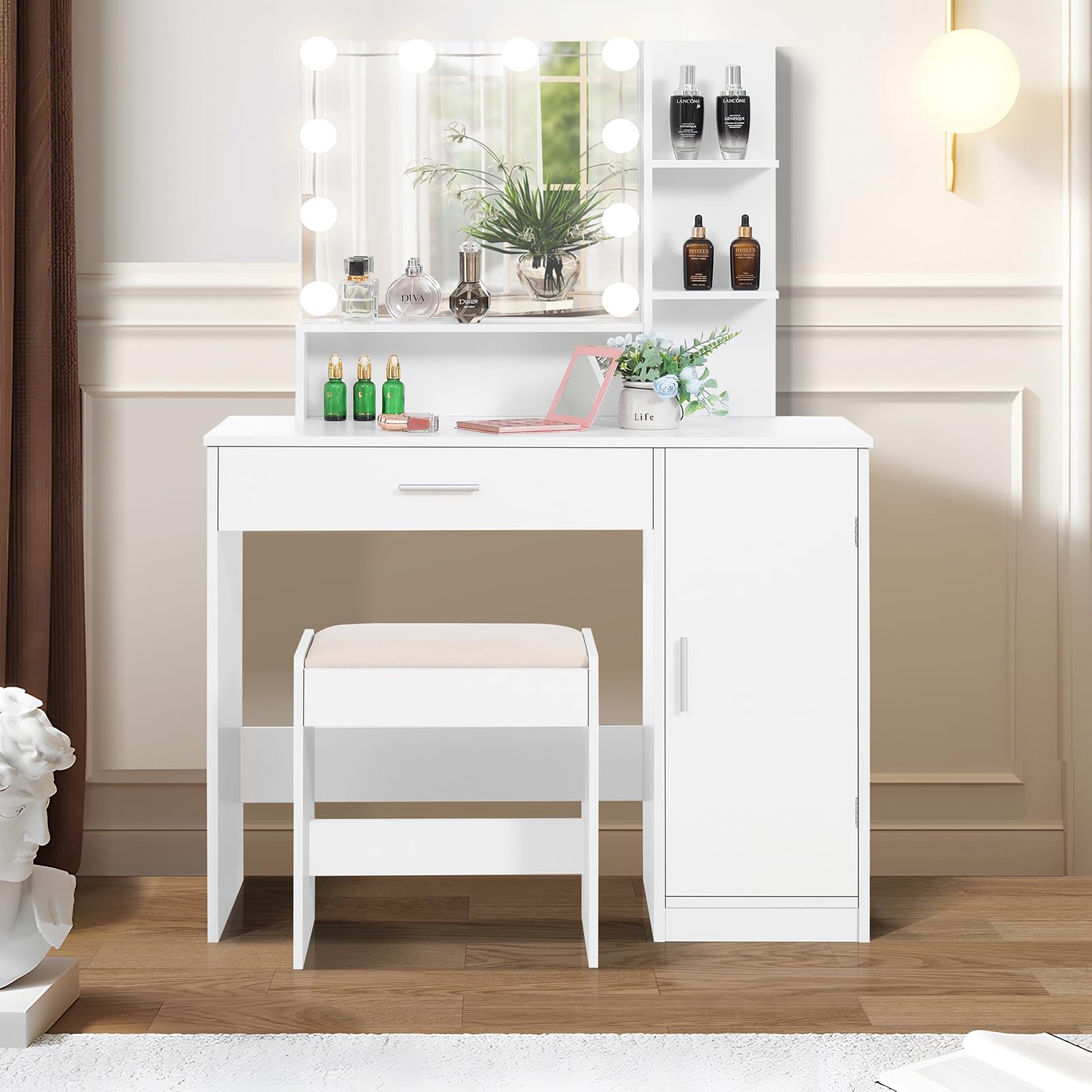 USIKEY White Makeup Vanity Desk Set with Stool - 1 Drawer, 1 Cabinet & 3 Shelves, 3 Adjustable Lighting Modes - Perfect for Bedroom, Dressing Room & Valentine's Day Gift