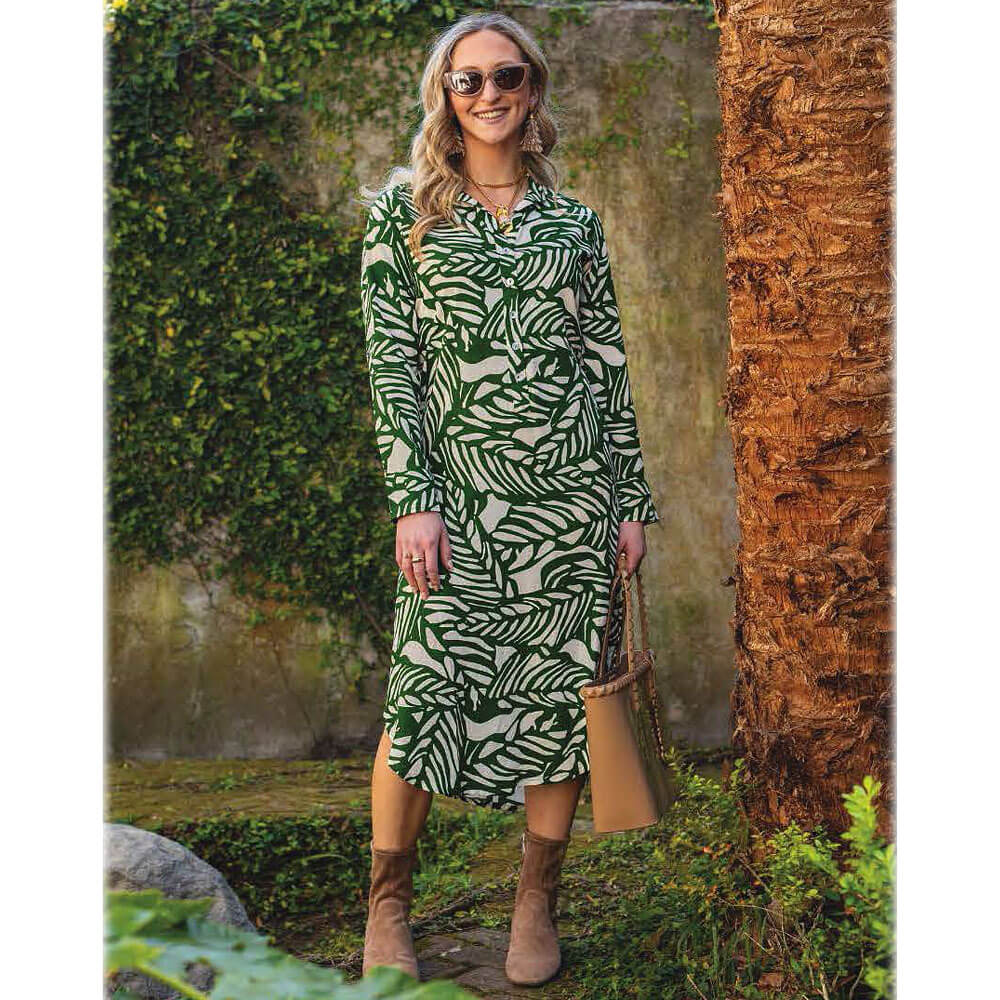 La Mer Luxe August Midi Dress - Cream & Olive Tropical Leaf Print | Summer Beach Dress for Women | Perfect for Vacations, Weddings & Outdoor Parties