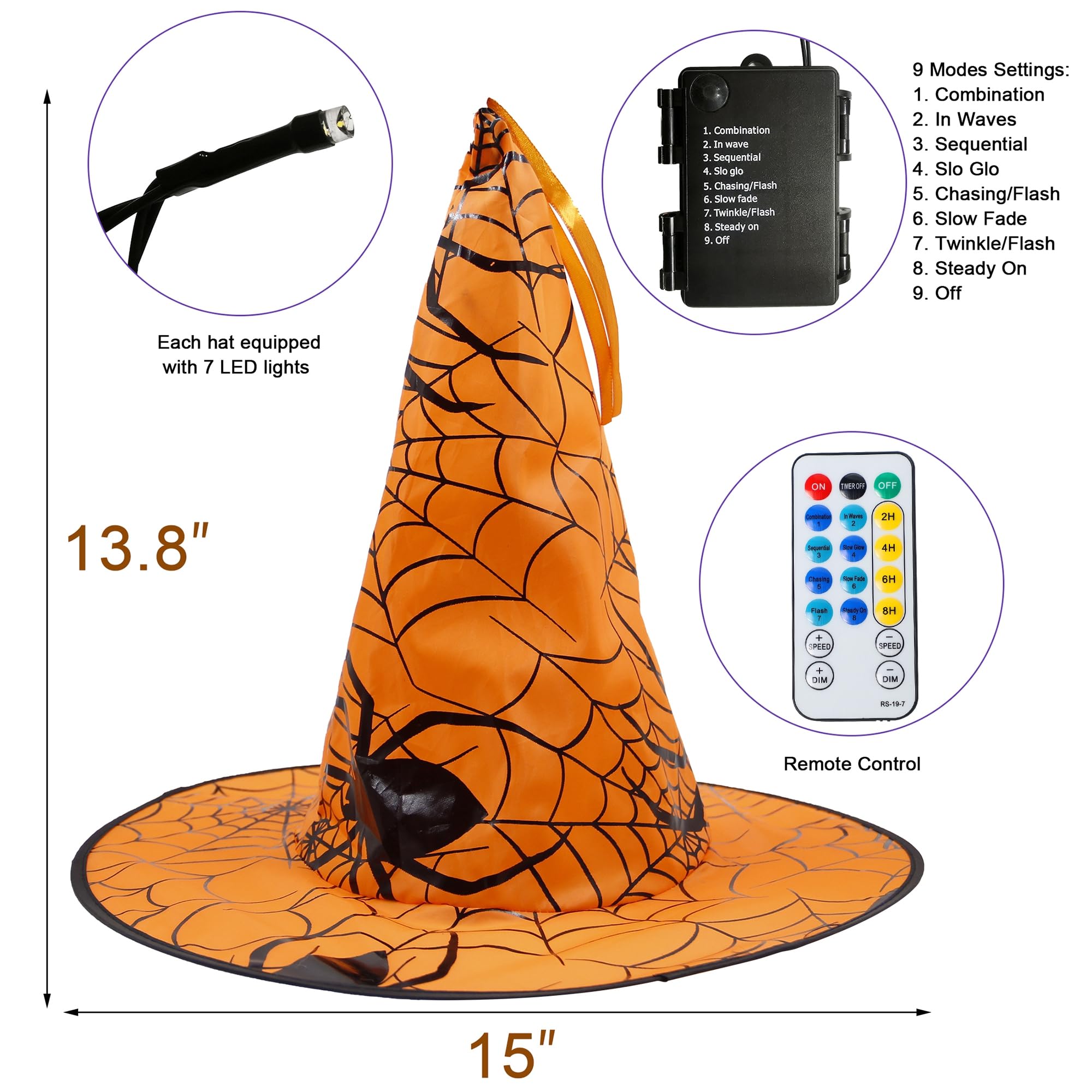 8 Pcs Halloween Witch Hat Decorations - Hanging Lighted Glowing Witch Hats with 8 Lighting Modes | Indoor Outdoor Yard & Tree Decor for Halloween Party, Home, Garden, and Porch