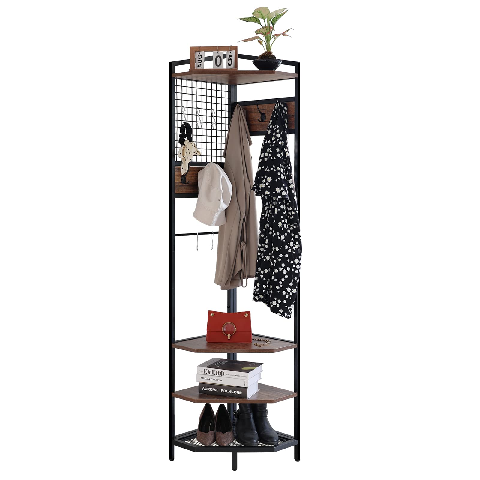 Corner Hall Tree with Coat Rack, Shoe Storage & Shelf - Freestanding Entryway Organizer for Home & Office (Brown) | Perfect for Small Spaces, Apartments & Mudrooms