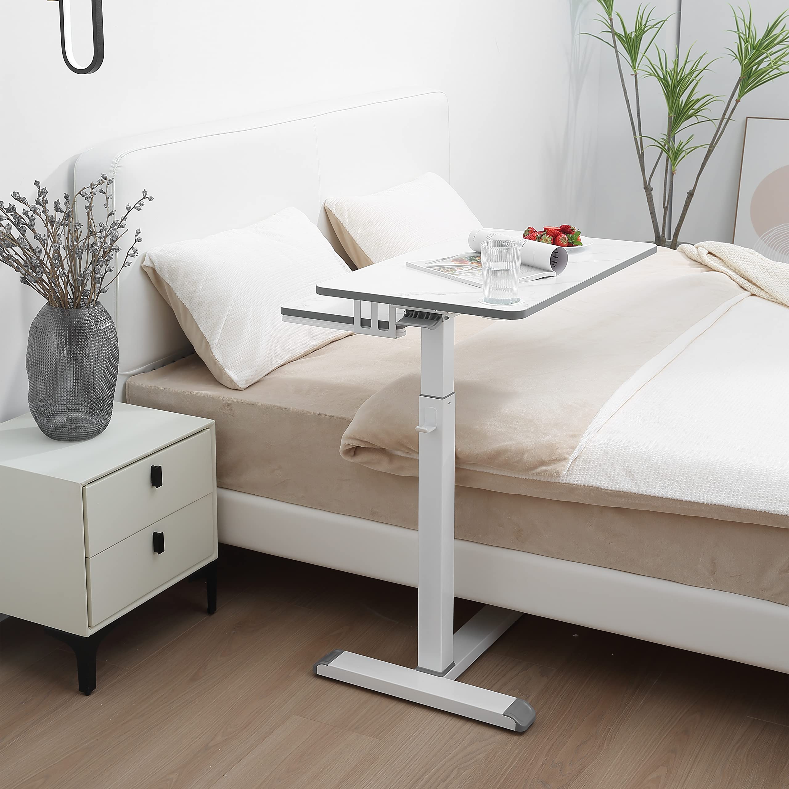 ETHU Adjustable Overbed Table with Wheels & Drawer - Rolling Hospital Bedside Table for Laptop, Meals, or Workstation - White - Perfect for Home, Office, or Medical Use
