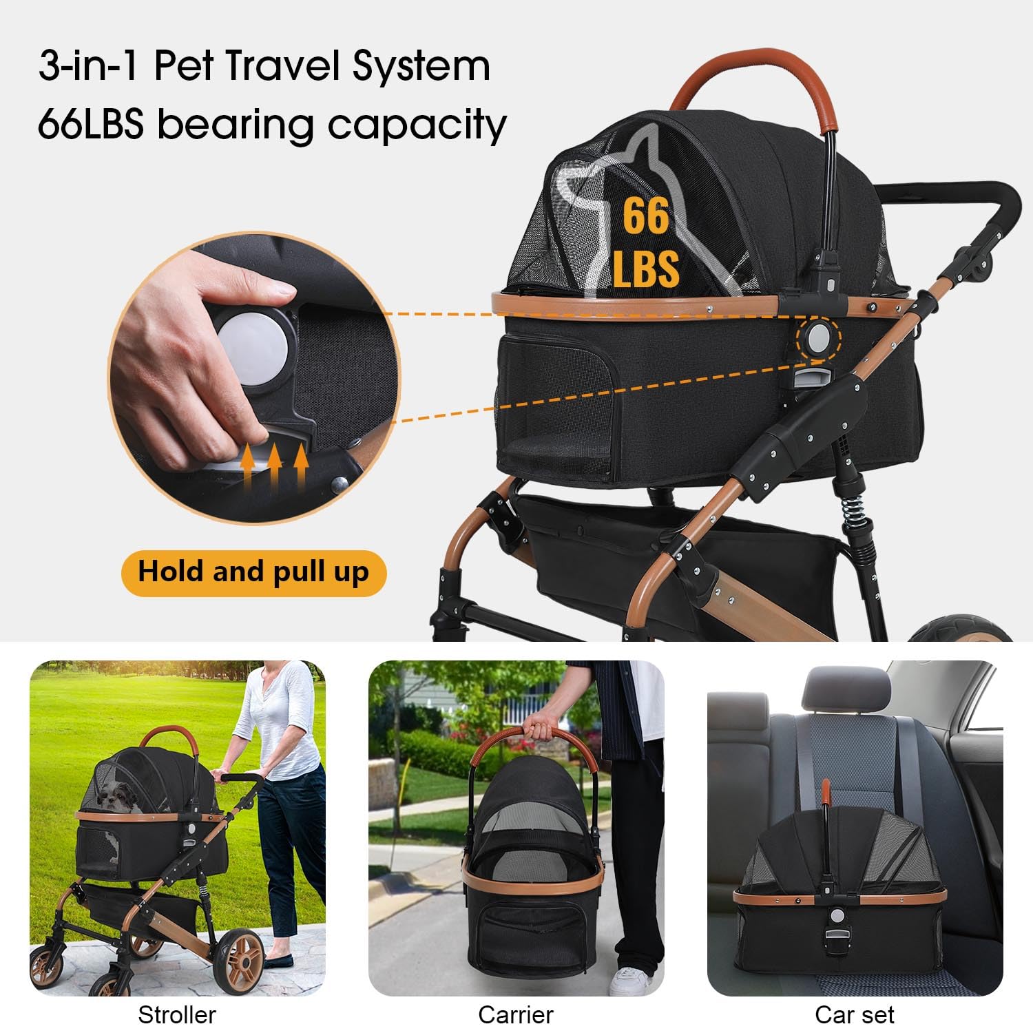 BestPet Premium 3-in-1 Folding Pet Stroller for Large & Medium Dogs & Cats - Aluminum Frame, 66lbs Capacity, Lightweight Travel Stroller with Detachable Carrier - Perfect for Walks, Vet Visits & Outdoor Adventures (Black)