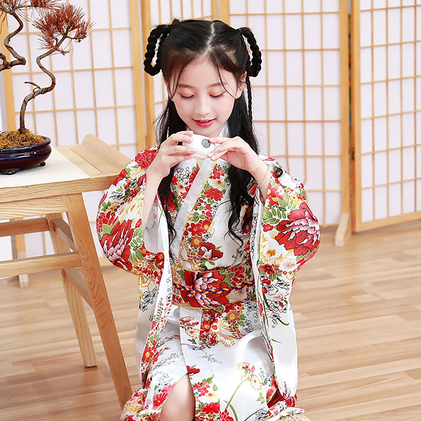 Japanese Traditional Long Sleeve Kimono Robe for Toddler Girls (White, Age 9-10) - Elegant Kids Kimono Dress for Tea Ceremonies, Cultural Events & Special Occasions