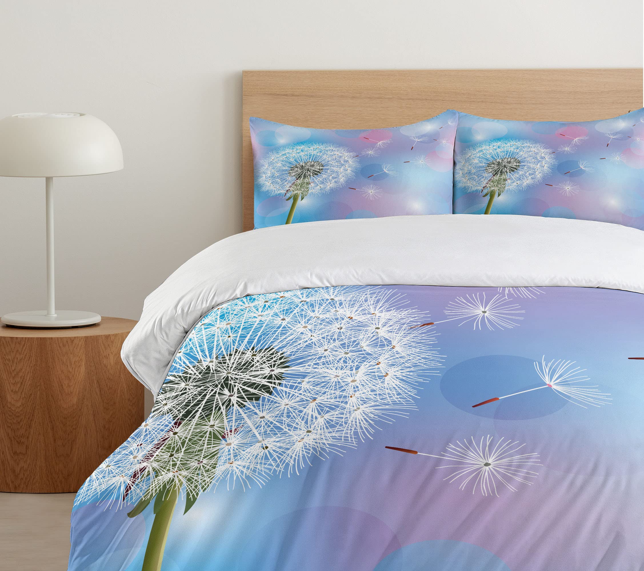 Ambesonne Dandelion Duvet Cover Set 3-Piece - Bokeh Floral Design with Wind-Blown Flowers, California King Size in Sky Blue, Pale Pink & Green | Soft Bedding for Spring Decor, Guest Room Makeover & Cozy Bedroom Upgrade