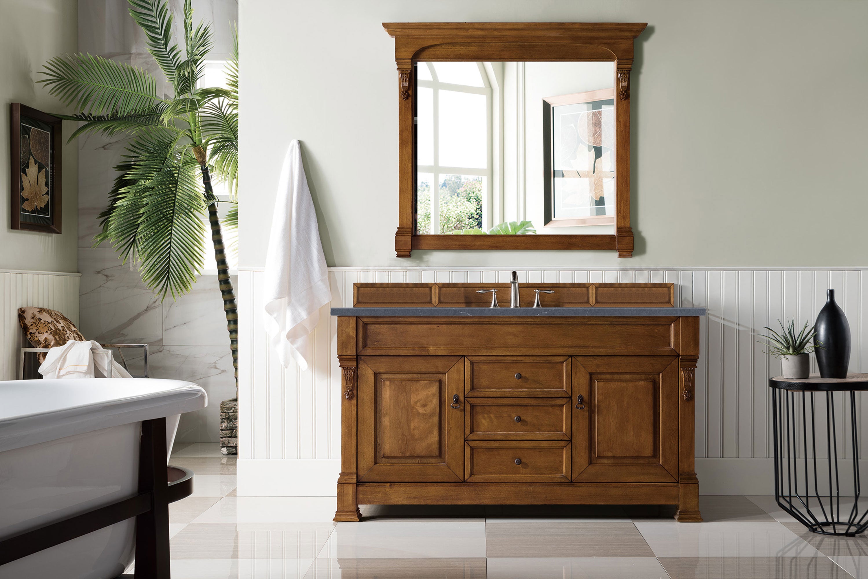 Brookfield 60 Inch Single Bathroom Vanity with Country Oak Finish & 3CM Charcoal Soapstone Quartz Top - Perfect for Modern Farmhouse, Rustic or Traditional Bathroom Decor