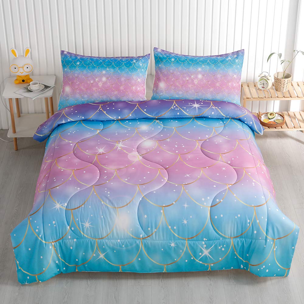 Rainbow Mermaid Scale Twin/Full Comforter Set for Girls - Colorful Scale Design with Golden Border, Diamonds & Pearl Stars - 72 x 86 Inch (Comforter + 2 Pillowcases) - Perfect for Kids' Bedroom, Birthday Gifts & Mermaid-Themed Decor