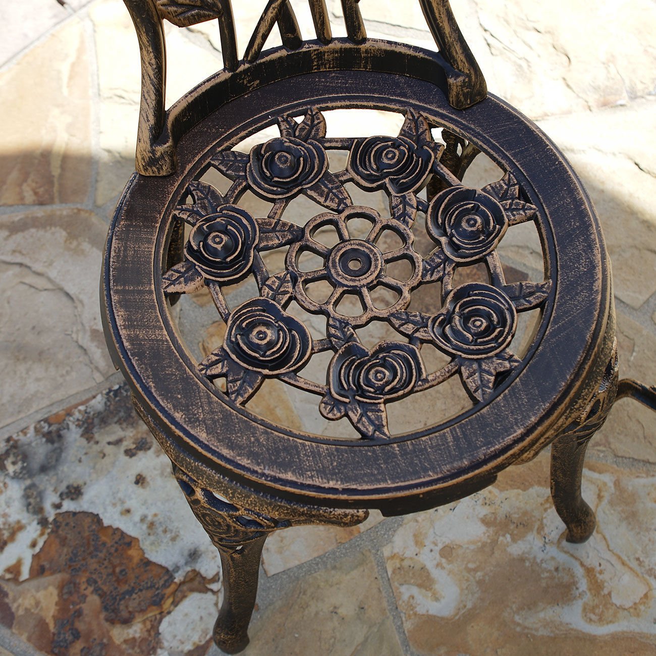 Vintage Rose Pattern 3-Piece Outdoor Bistro Set - Cast Iron & Aluminum Patio Furniture with Antique Bronze Finish | Perfect for Garden, Balcony, and Backyard Dining