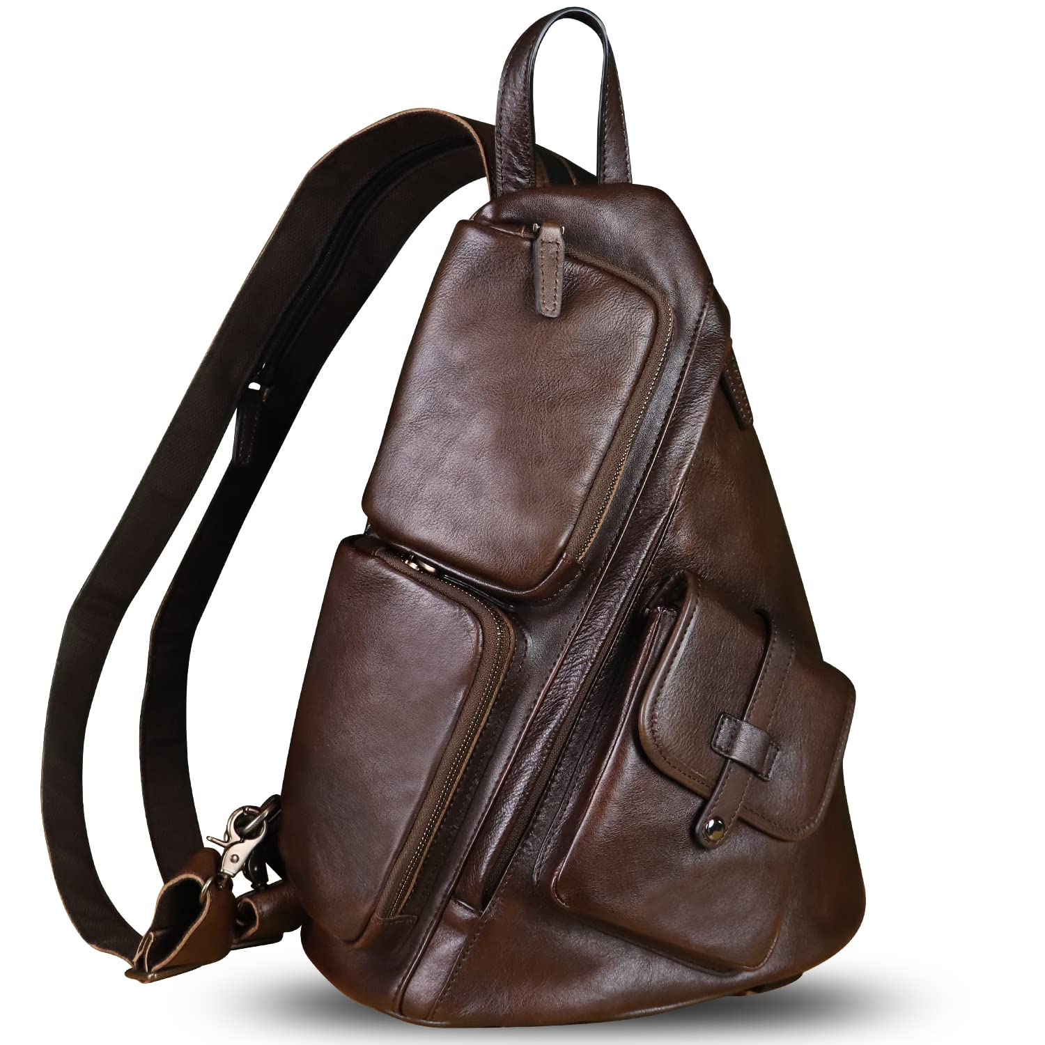 Premium Genuine Leather Large Sling Bag for Men & Women - Crossbody Chest Shoulder Backpack Purse - Fits iPad & Essentials - Perfect for Travel, Work & Daily Commute (Coffee)