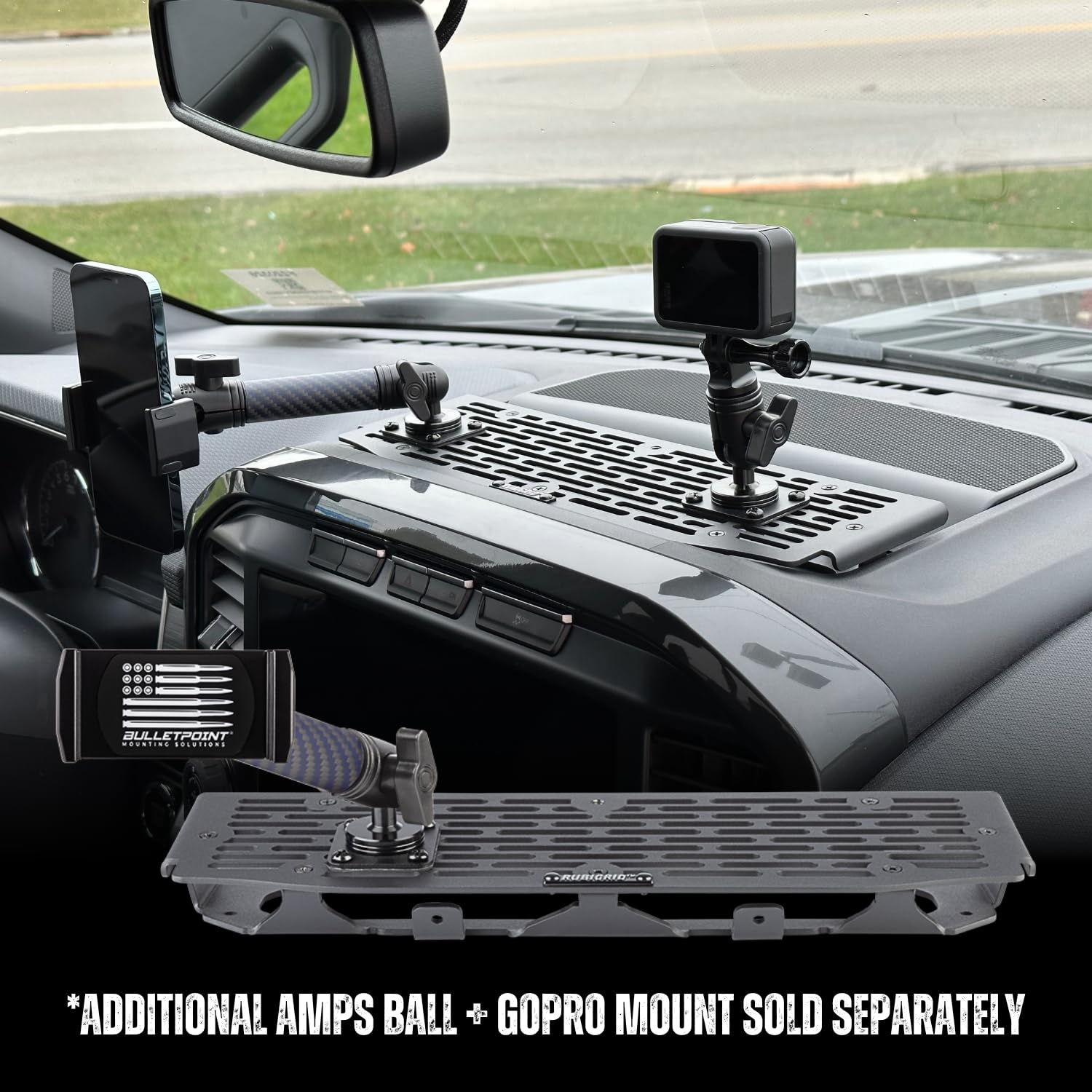RubiGrid Metal Dash Mount Phone Holder & Action Camera Mount - Compatible with 2021+ Ford F-150 & Raptor - Secure Hands-Free Car Mount for GPS Navigation & Adventure Filming