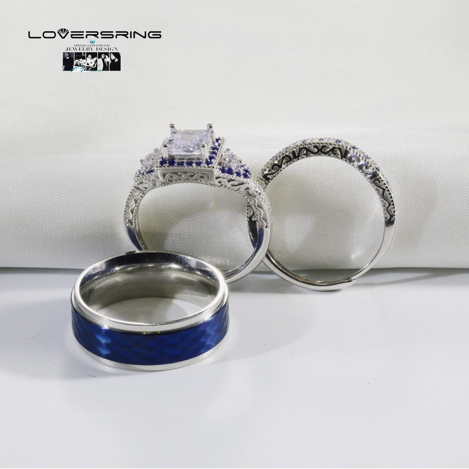 Adjustable Wedding Ring Sets for Couples - His & Hers Matching Promise Rings in 925 Sterling Silver & Titanium, Square CZ Bridal Bands - Perfect for Engagements, Anniversaries & Romantic Gifts