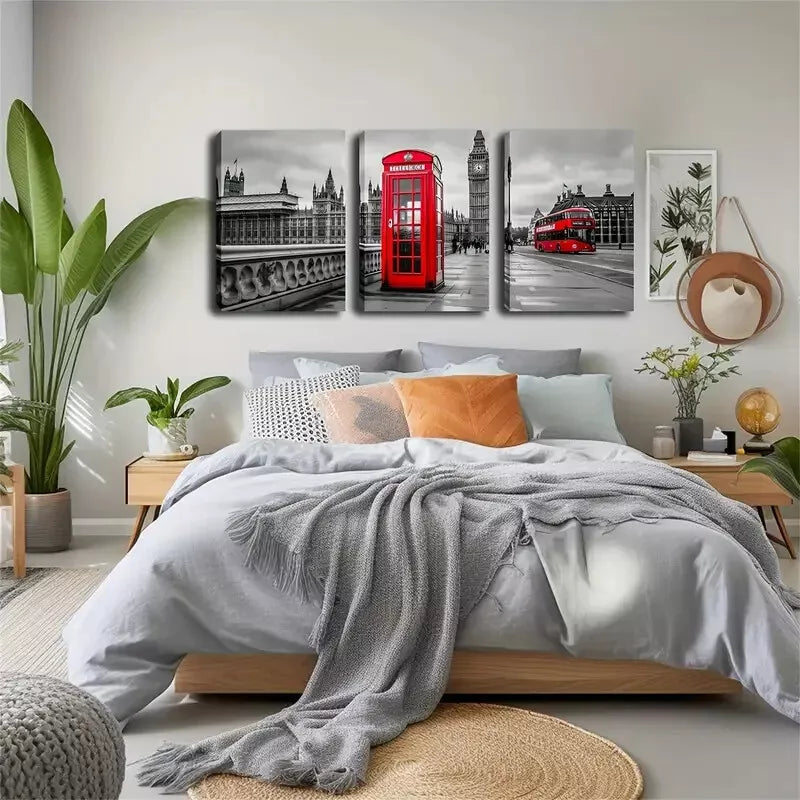 3-Piece Framed Canvas Wall Art Set - Red Phone Booth & Bus (40x60cm) | High Quality Print | Ready to Hang | Australian Made | Perfect for Living Room, Bedroom or Office Decor