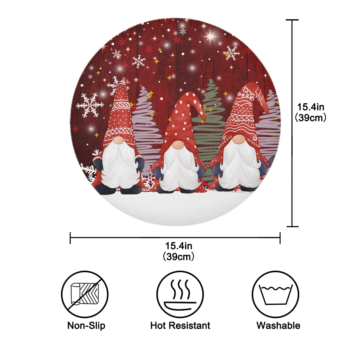 Christmas Gnomes Round Placemats Set of 6 - 17 Inch Non-Slip Dining Table Mats with Snowflake Tree Design, Easy to Clean Kitchen Table Decor for Home, Wedding & Holiday Parties - Perfect for Christmas Dinner, Winter Gatherings and Festive Home Decor