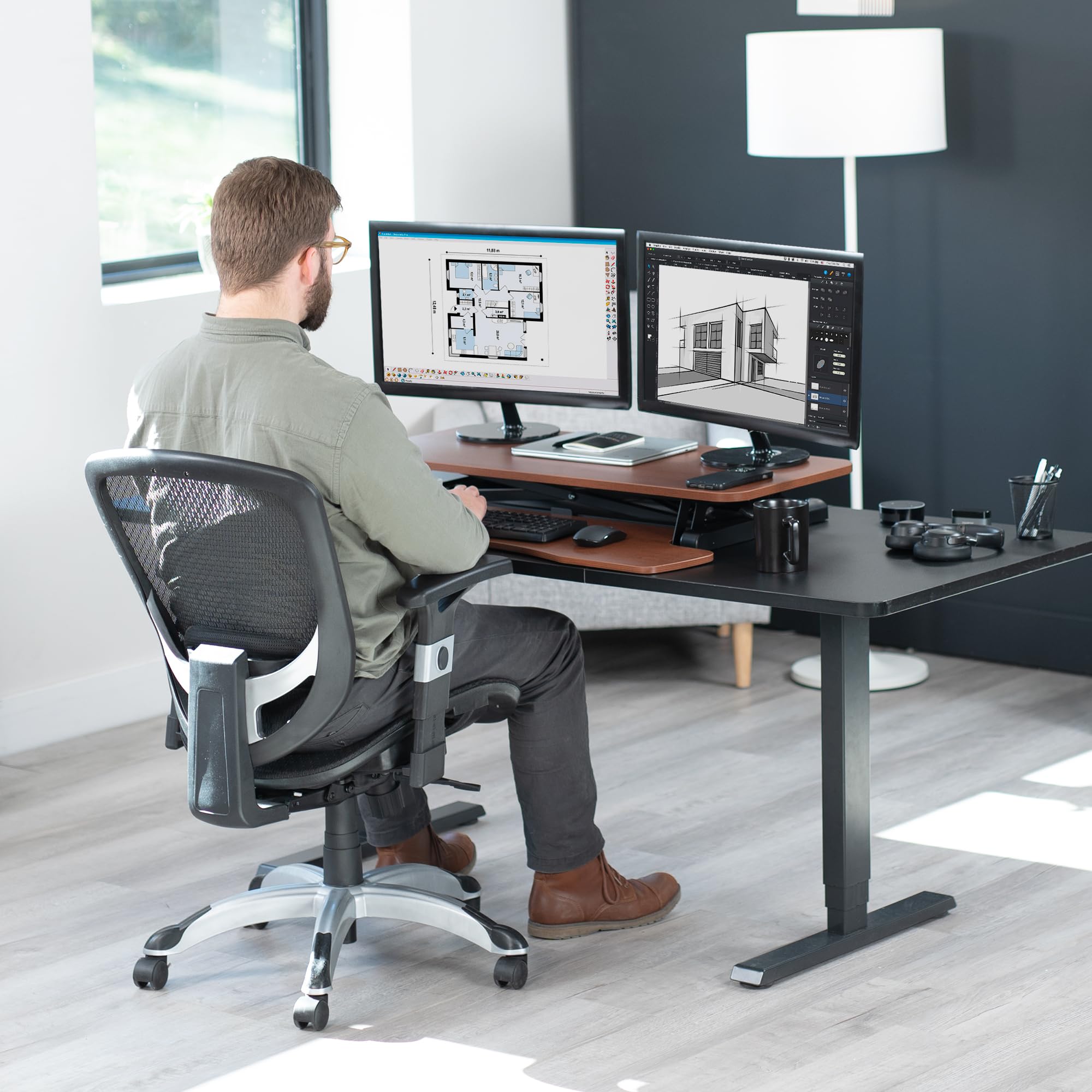 VIVO 36 Inch Height Adjustable Standing Desk Converter - K Series Sit to Stand Riser with Wide Keyboard Tray for Dual Monitor & Laptop Workstation (Dark Walnut Top, Black Frame) - Perfect for Home Office, Gaming Setup & Ergonomic Workspace | Model DESK-V036KA