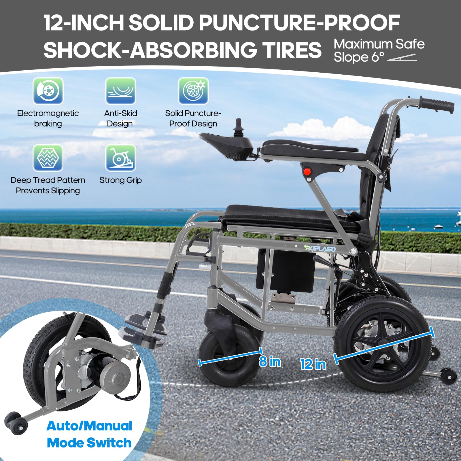 Lightweight Foldable Electric Wheelchair for Adults & Seniors - Dark Grey Power Motorized Wheelchair with Comfortable Seat - Perfect for Indoor/Outdoor Use, Travel & Daily Mobility