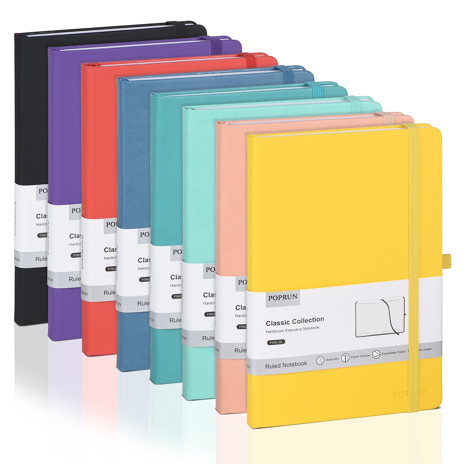 Premium 8-Pack POPRUN A5 Lined Notebooks - PU Leather Hardcover Writing Journals for Business, School & Travel (5.5