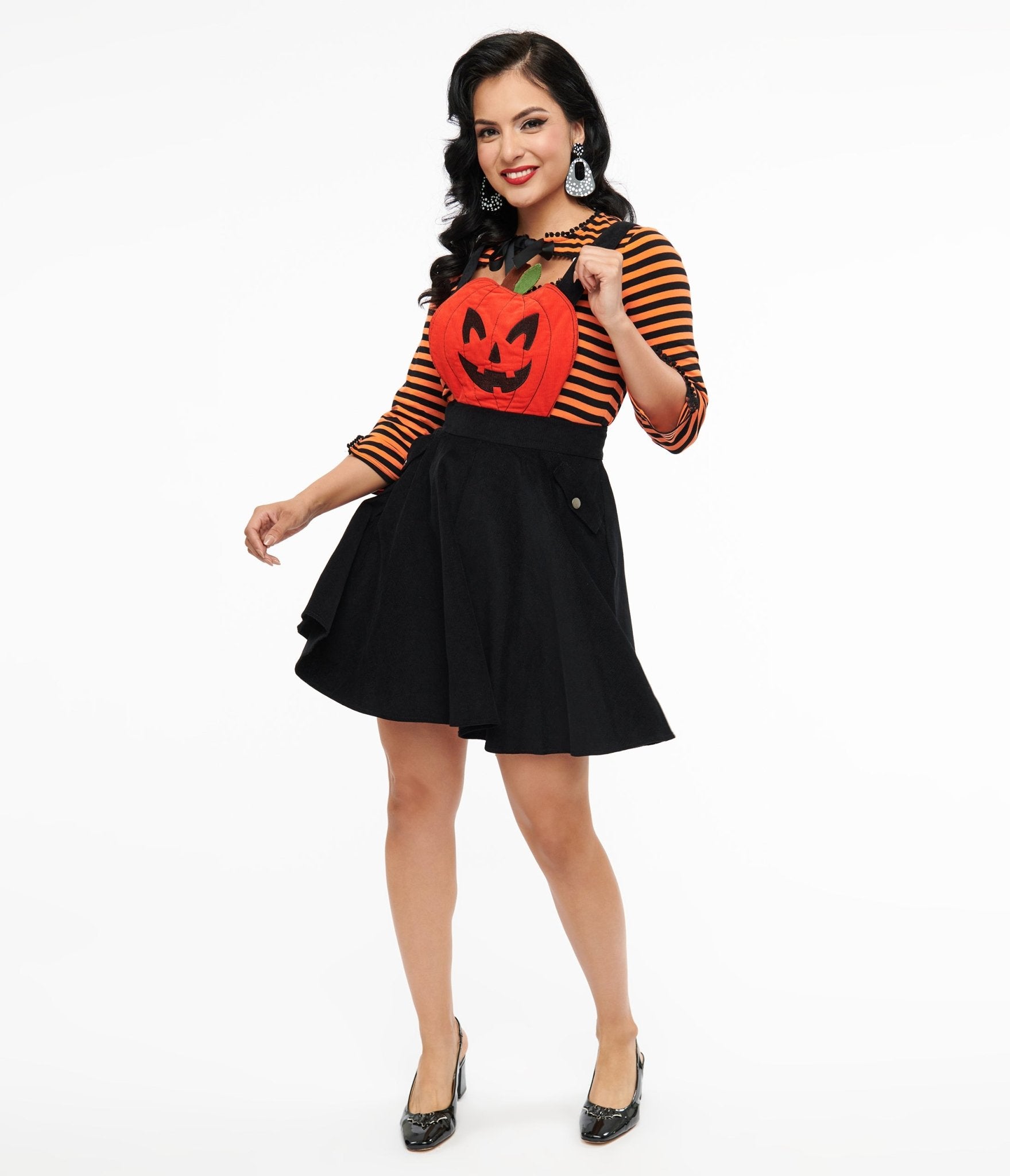 Vintage 1950s Black & Orange Jack O' Lantern Pinafore Dress - Retro Halloween Costume for Women, Perfect for Halloween Parties & Vintage-Themed Events