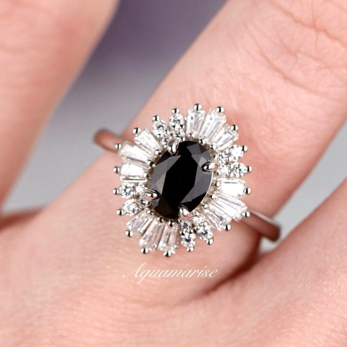 14K White Gold Victoria Black Onyx Ring for Women - Elegant Statement Jewelry for Evening Parties, Weddings & Special Occasions