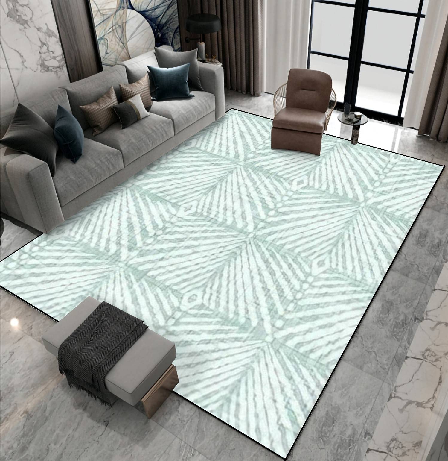 Non-Slip Area Rug - Aegean Teal Geo Pattern Linen Texture Floor Mat for Indoor/Outdoor Use - Perfect for Living Room, Bedroom, Kids Room, Yoga Studio & Patio Decor - Washable Home Carpet Runner & Doormat