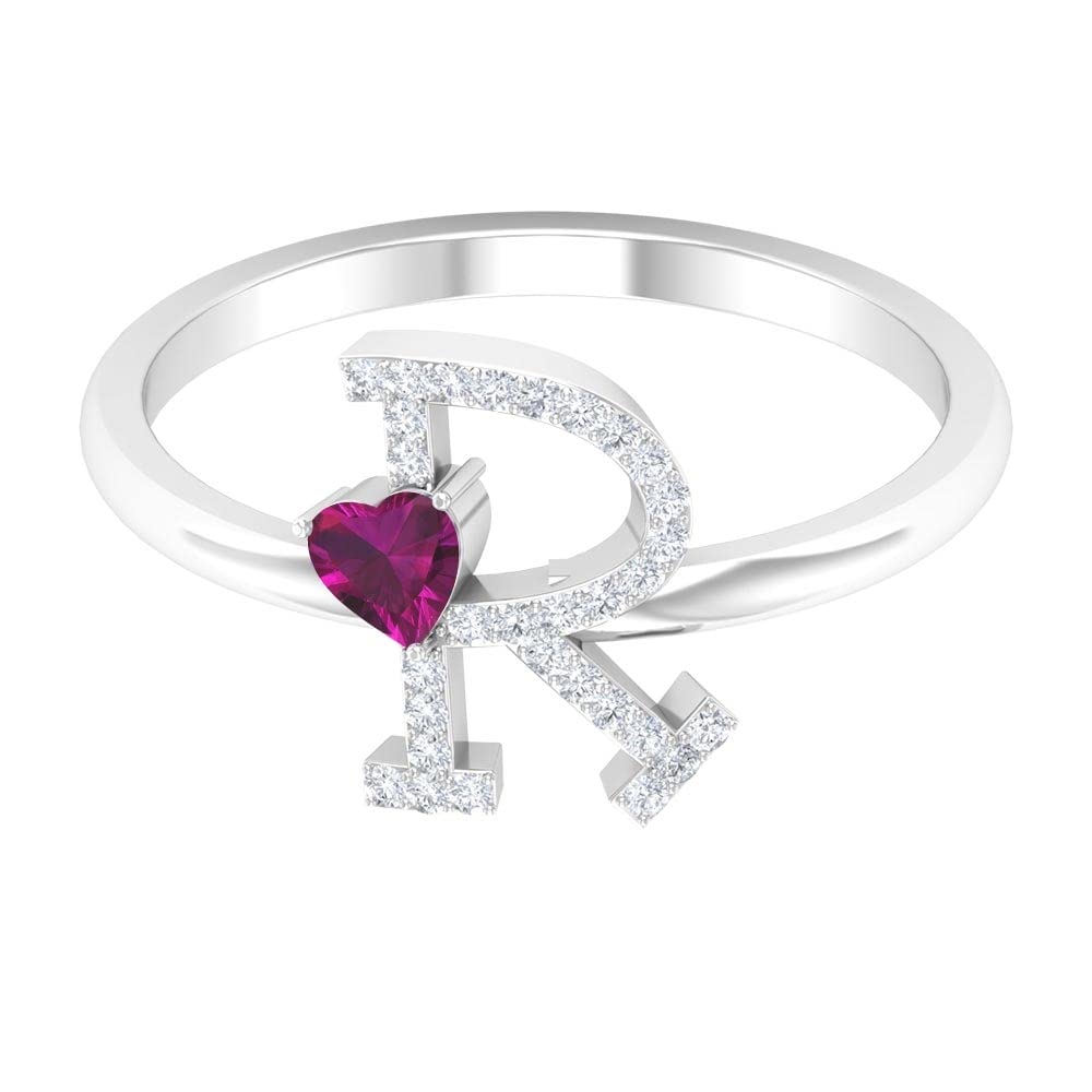 Rhodolite & Diamond Initial Rings for Women - A to Z Alphabet Letter Rings in 14K White Gold - Perfect for Engagements, Anniversaries & Personalized Gifts