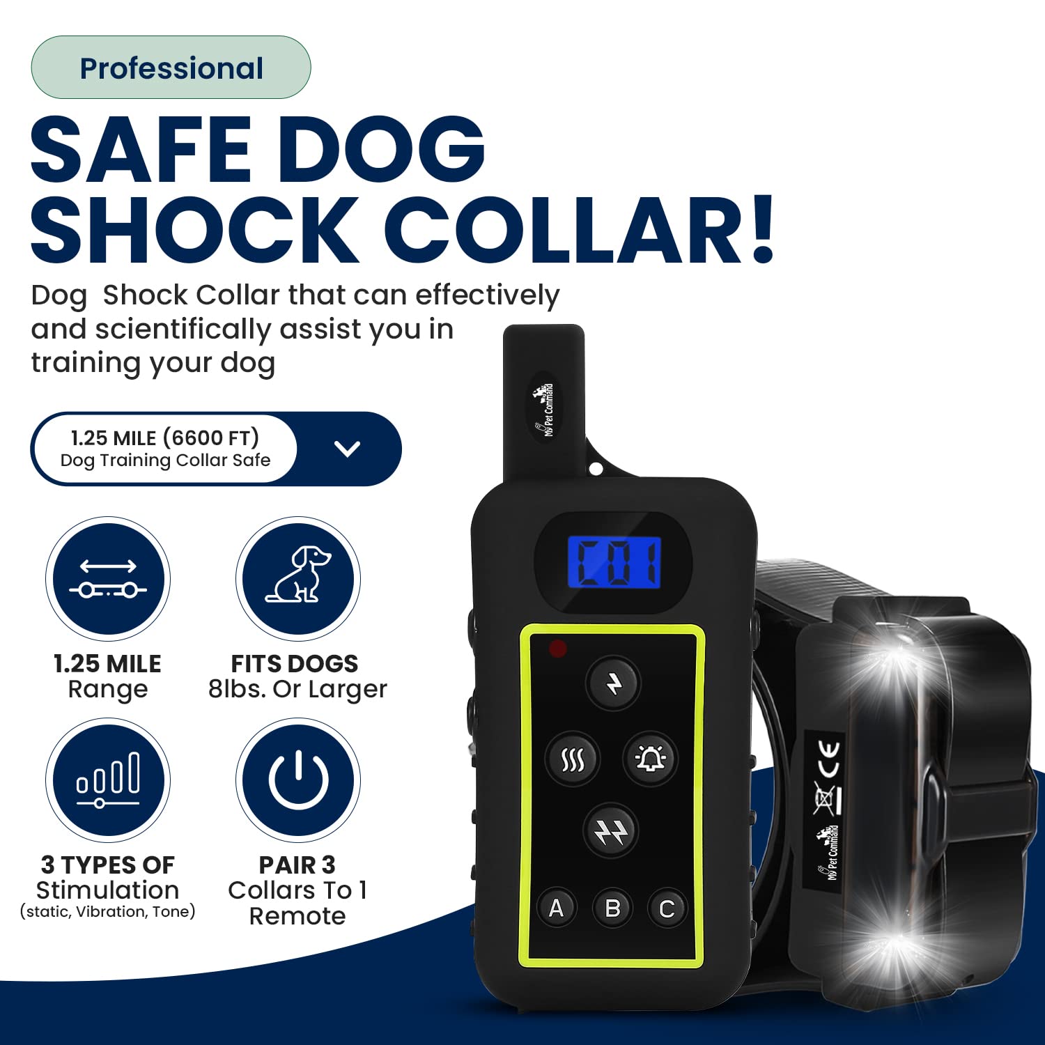 **1.25 Mile Long Range Dog Training Collar - Safe Shock, Vibration & Tone Remote with Flashing Beacon - Waterproof & Rechargeable - Works with Up to 3 Collars - Ideal for Hunting, Obedience & Outdoor Training**