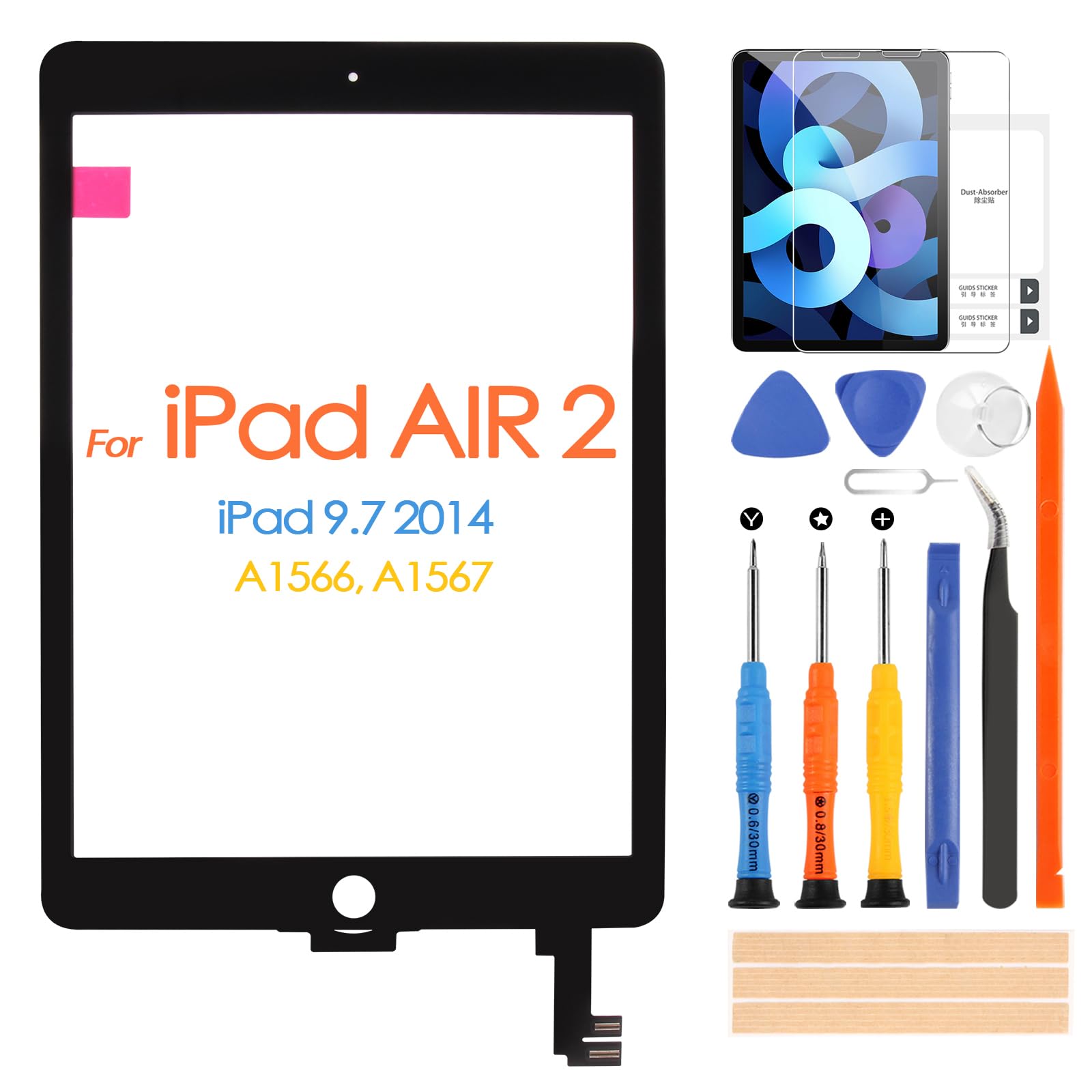 iPad Air 2 Touch Screen Digitizer Replacement - 9.7 Inch Tempered Glass Screen Protector & Repair Kit for iPad 6th Gen A1566 A1567 (Black) - Perfect for DIY Screen Repair at Home or Office