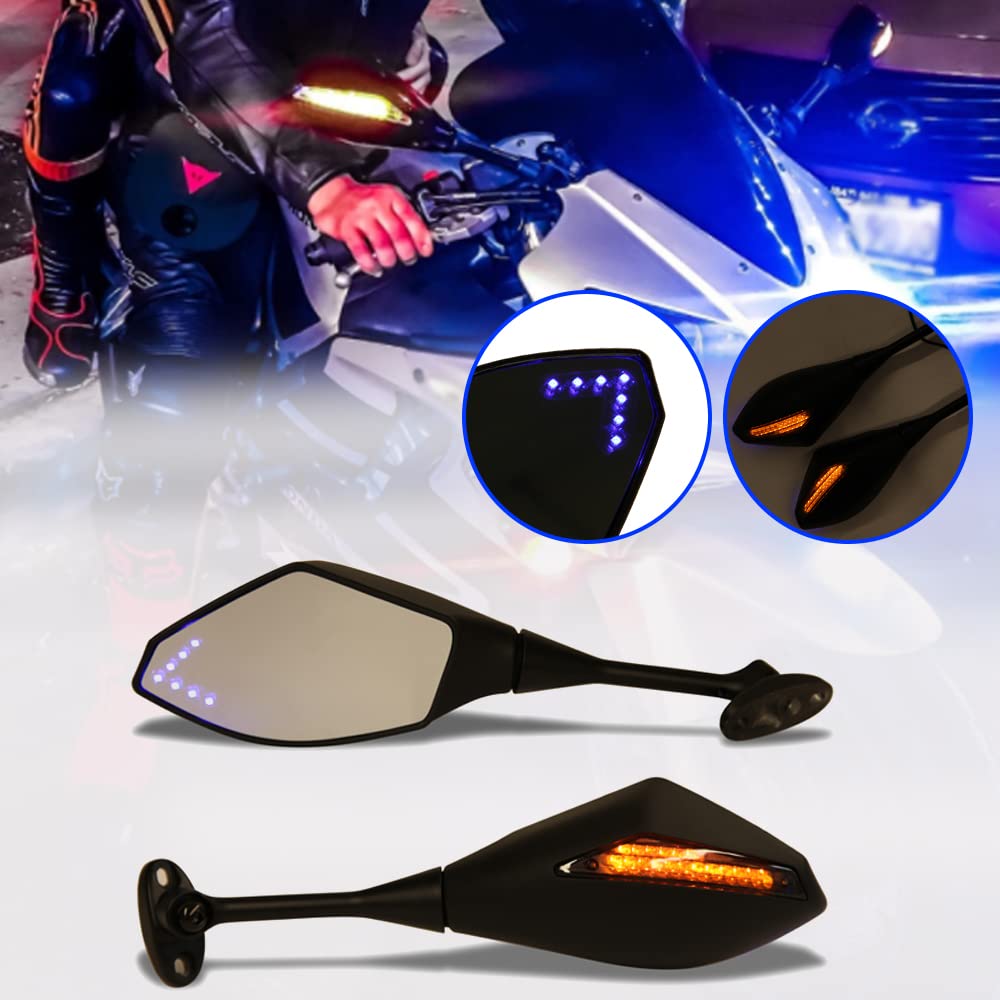 **DREAMIZER Motorcycle Handlebar Mirrors with Turn Signals - Rear View Mirrors Compatible with Honda CBR300RR, CBR600RR, CBR1000RR & Suzuki GSXR 600, 750 - Blue Arrow Indicator Light, Matte Black - Perfect for Street Bikes & Cruisers**