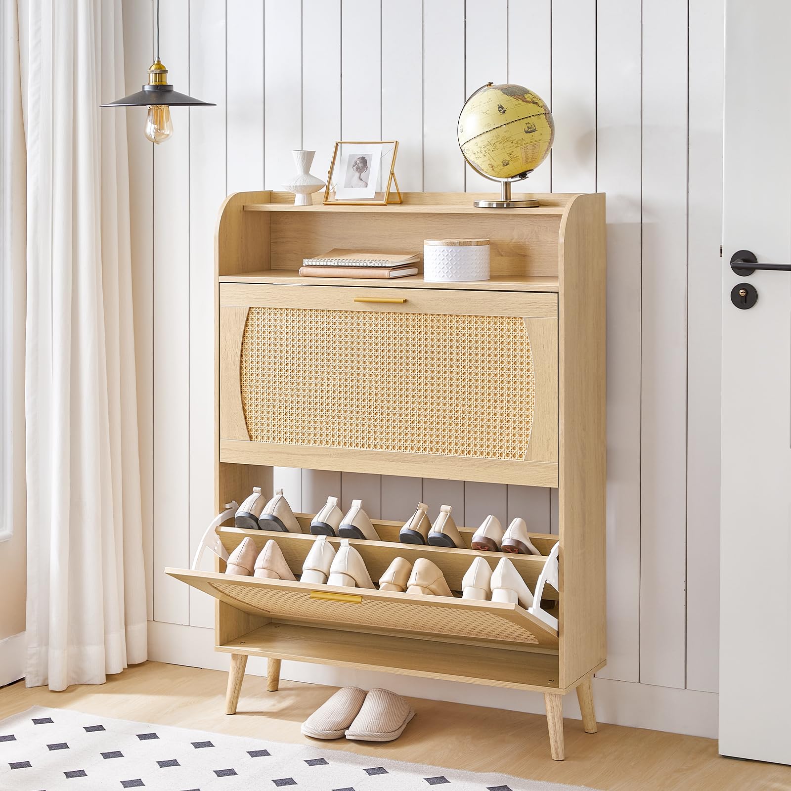 HOOBRO Rattan Shoe Storage Cabinet with 2 Flip Drawers - Adjustable Shelves Entryway Shoe Organizer for Hallway & Living Room - Natural Bamboo Shoe Rack for Small Spaces (NN80SC01) | Perfect for Apartment Entry, Closet Organization & Home Decor