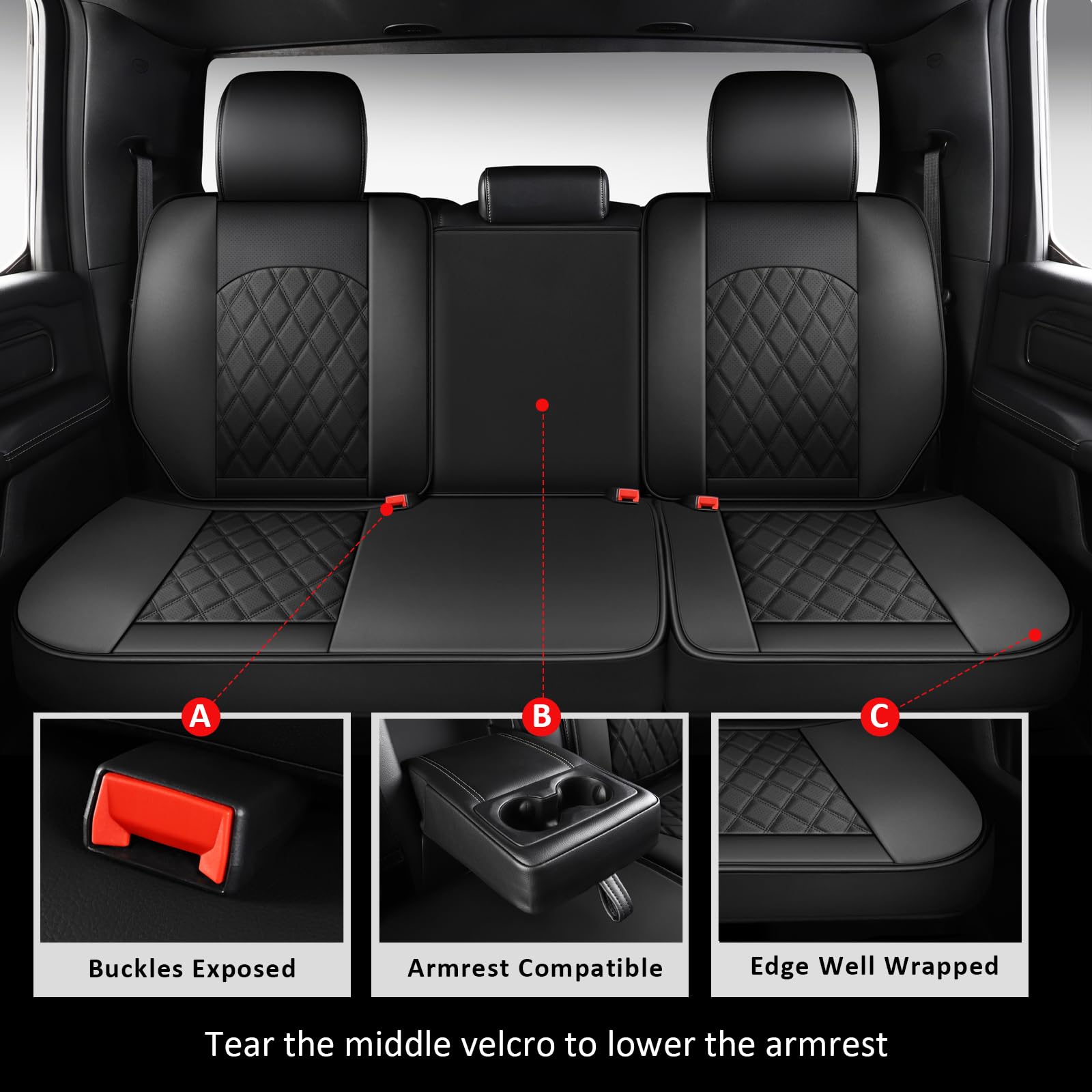 MIROZO Dodge Ram Seat Covers Full Set 5PCS - Waterproof Car Seat Covers for 2009-2024 Ram 1500/2500/3500 Crew/Quad/Regular Cab Pickup Trucks - Split Bench 40/60 Design (Black, Flat Back) - Perfect for Work Trucks & Off-Road Adventures