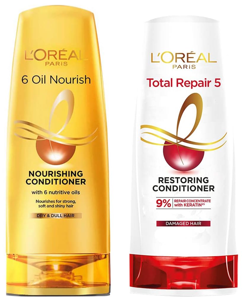 L'Oreal Paris 6 Oil Nourish Conditioner 175ml + 10% Extra Free & Total Repair 5 Conditioner 175ml - Deep Hydrating Hair Treatment for Dry, Damaged Hair - Perfect for Daily Use at Home or Salon