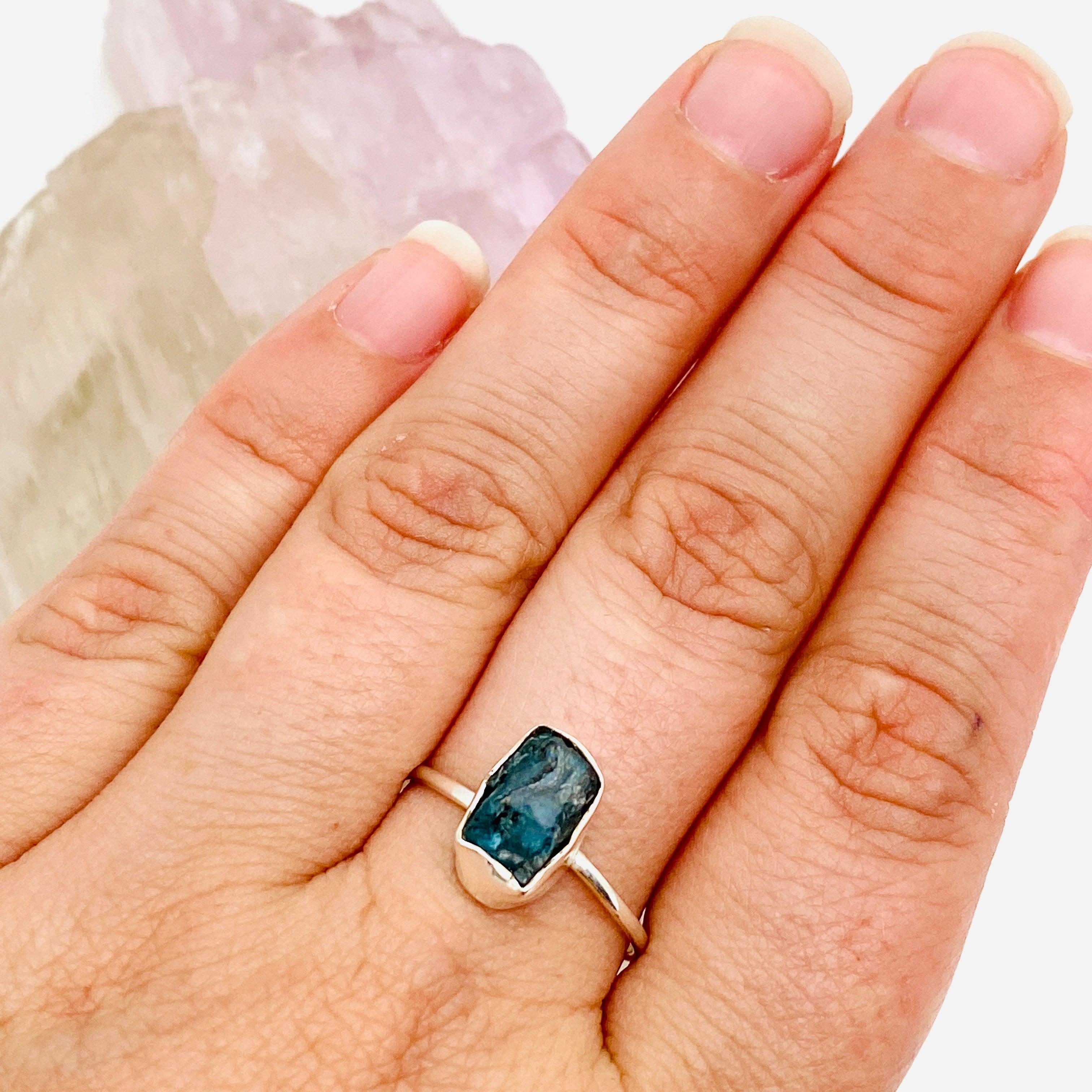 Natural Blue Apatite Raw Crystal Ring - Handmade Fine Jewelry for Women - Healing Stone Band R3701 BAP - Perfect for Meditation, Energy Work & Spiritual Gifts