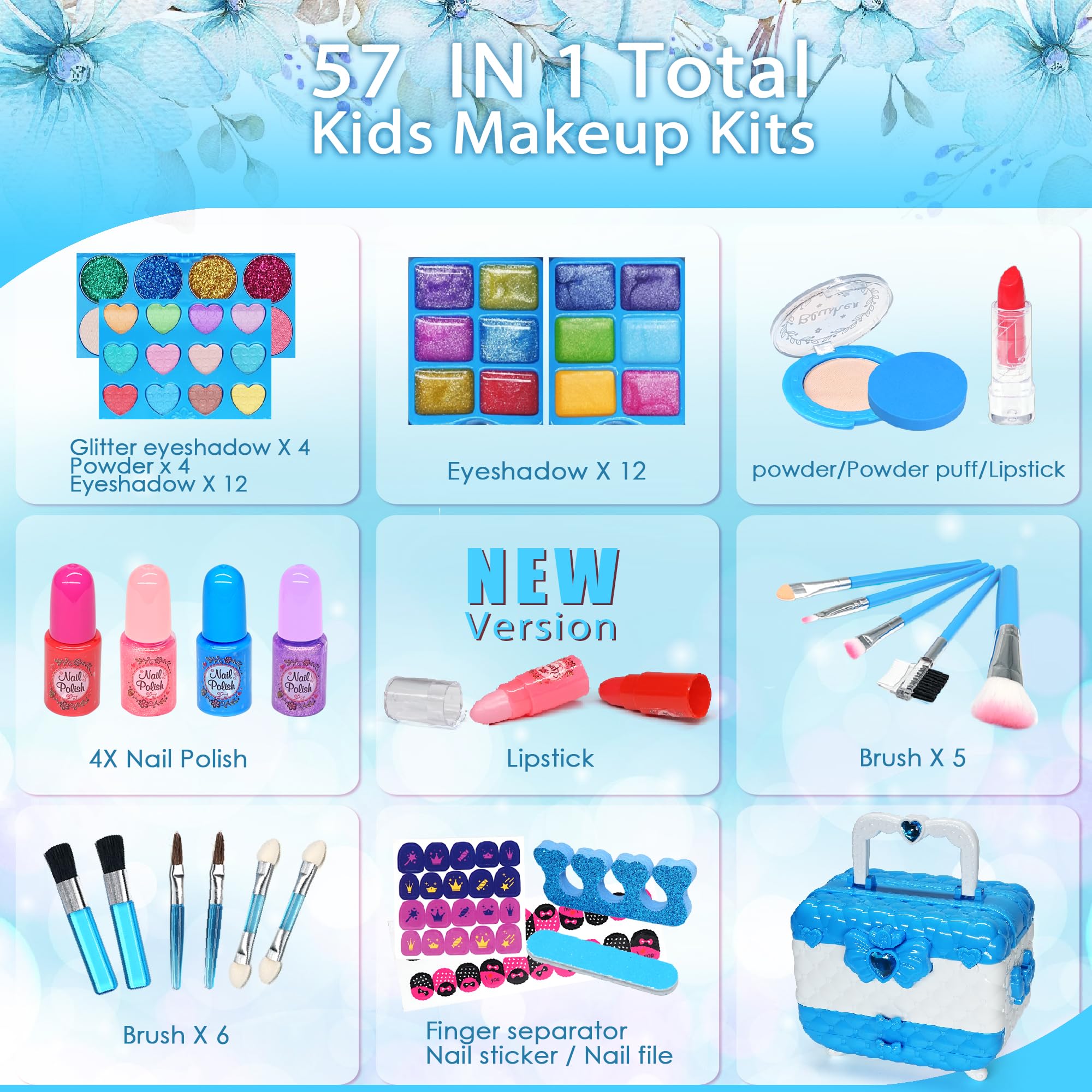 **Safe & Washable Kids Makeup Kit for Girls Ages 5-7 - Princess Birthday Gift Set with Real Cosmetic Toys (Blue) | Perfect for Dress-Up, Pretend Play & Birthday Parties**