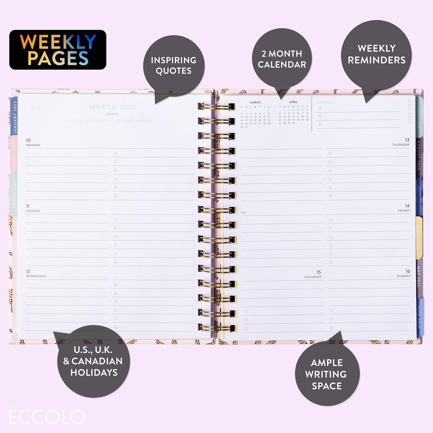 2025 Eccolo Spiral Planner - Cheetah Print Weekly & Monthly Agenda with Sticker Sheets & Motivational Quotes - 7.75