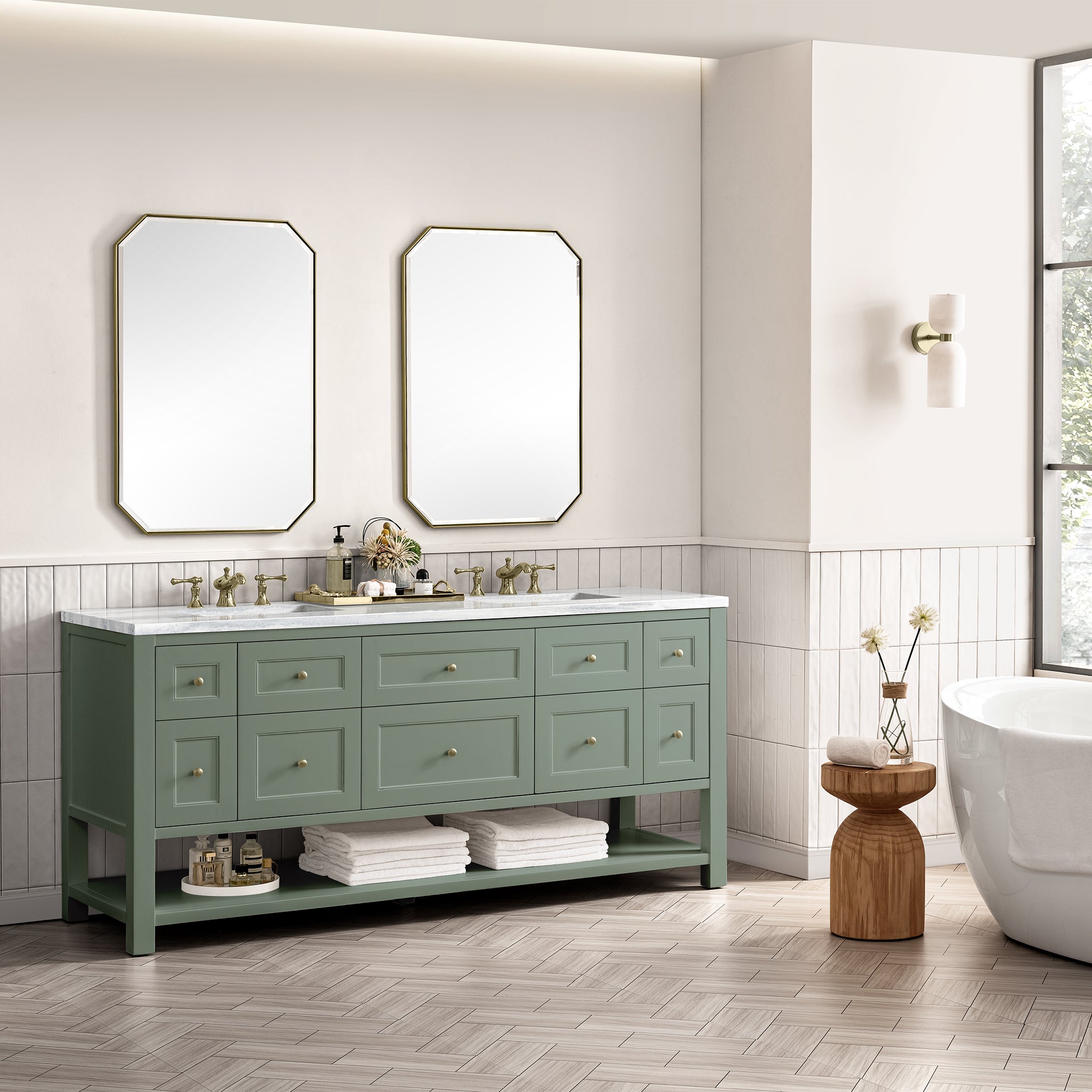 Breckenridge 72 Inch Double Vanity with Smokey Celadon Finish and 3CM Arctic Fall Quartz Top - Perfect for Modern Bathroom Renovation and Master Suite Upgrade