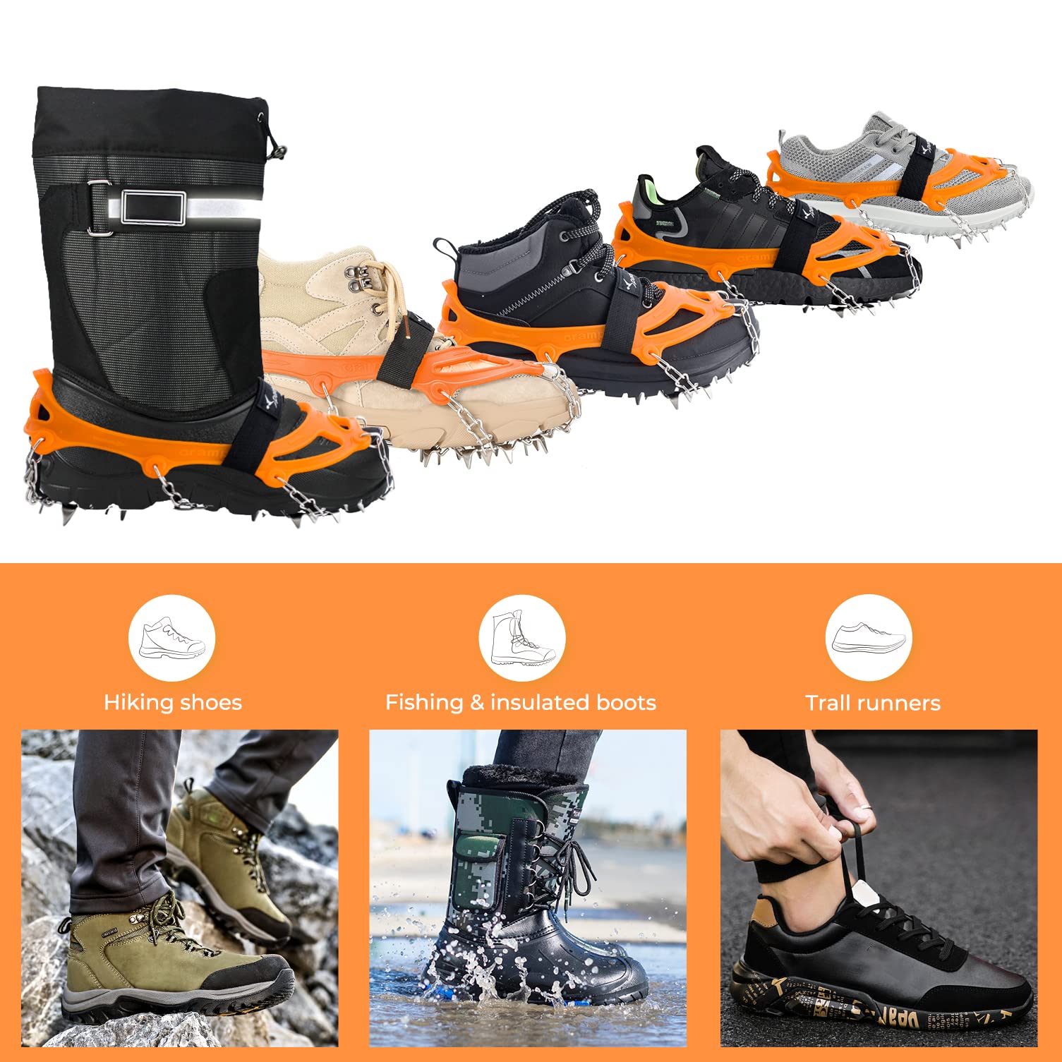 Sportneer 19-Spike Stainless Steel Ice Cleats for Boots & Shoes - Traction Grips for Snow, Ice, Hiking, Jogging, Climbing & Fishing - Ideal for Men & Women Outdoor Adventures