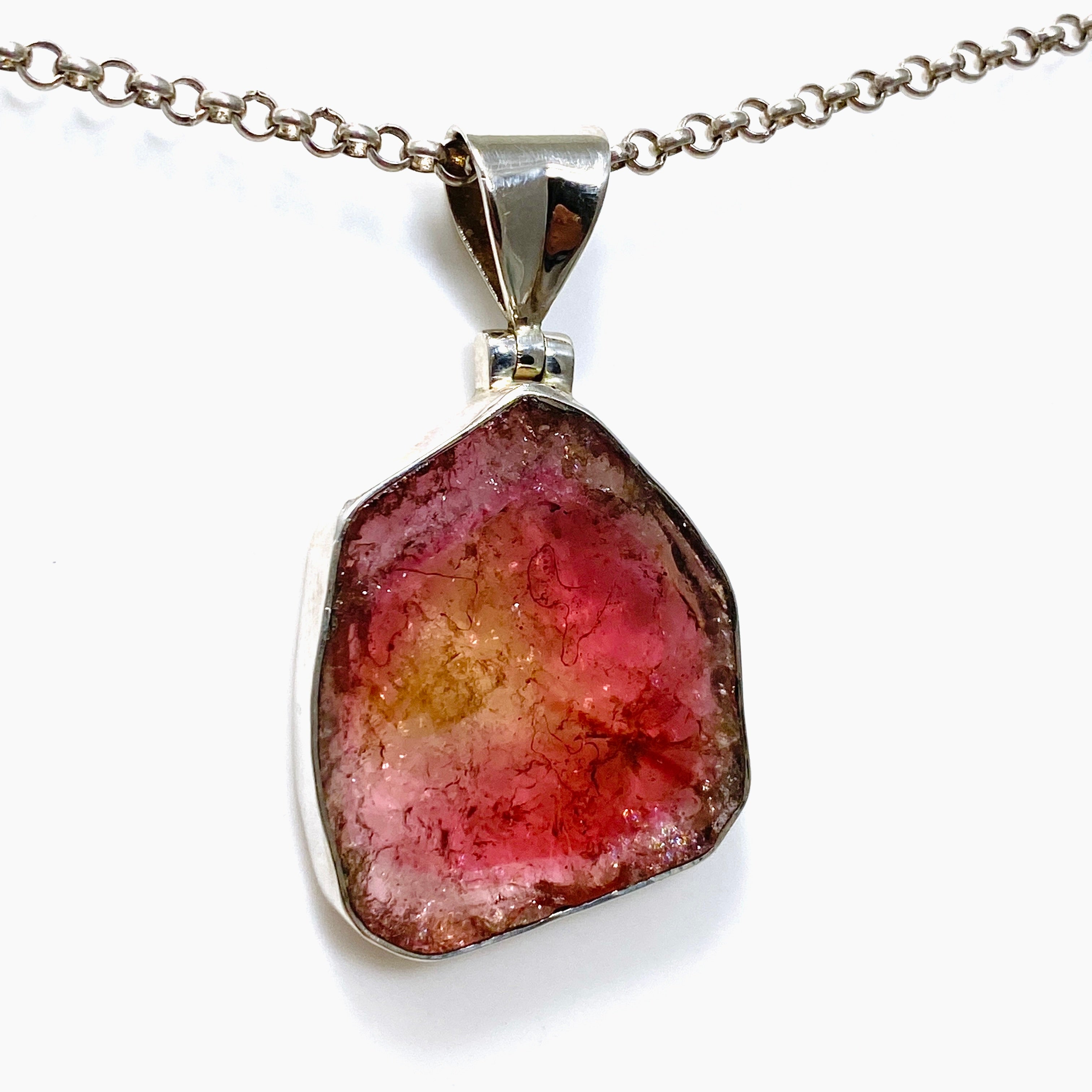 Natural Pink and Gold Tourmaline Gemstone Large Slice Pendant Necklace - GPJ02 for Women, Boho Jewelry, Gift for Her, Perfect for Parties and Special Occasions