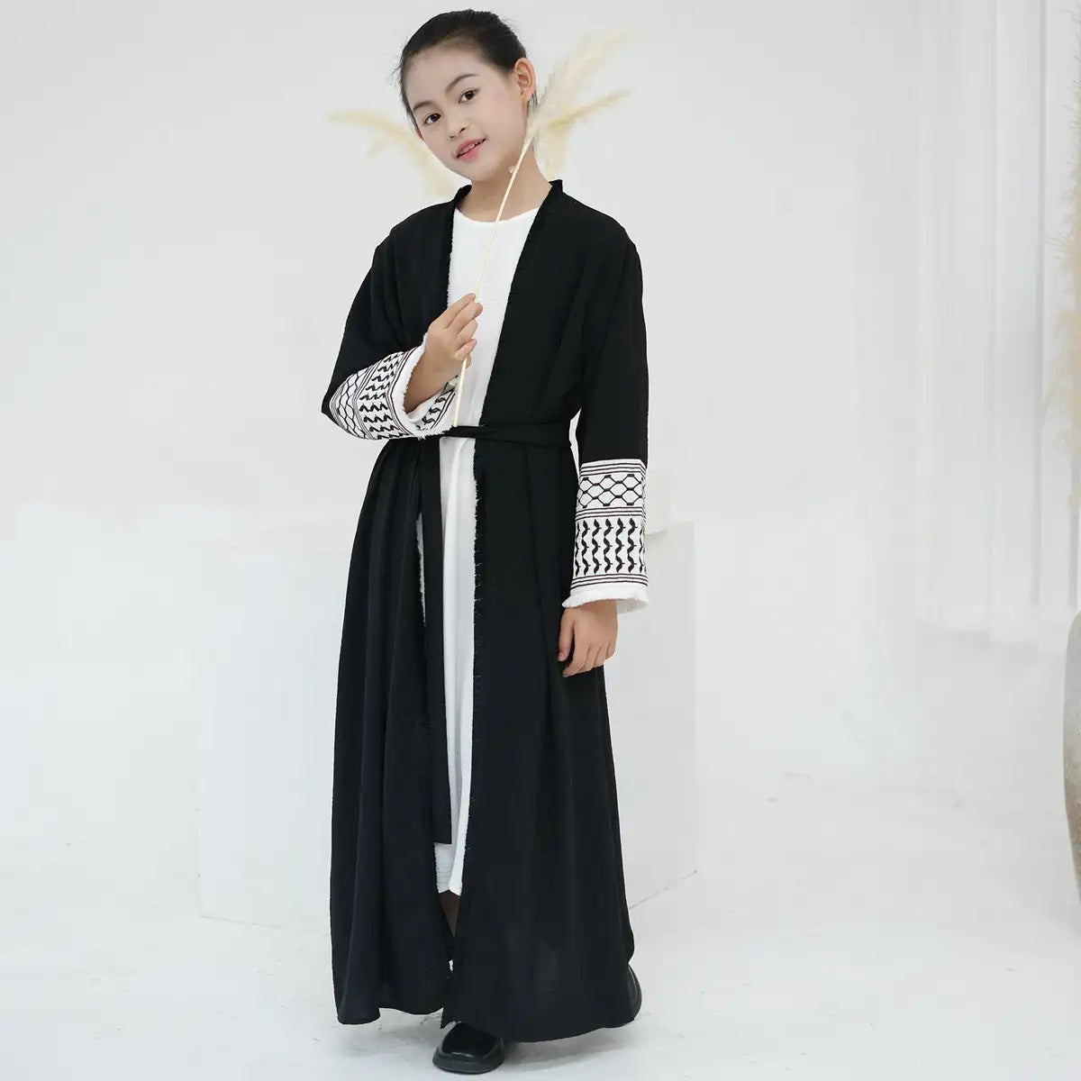 Muslim Mother Daughter Matching Abaya Dress with Embroidery & Tassel Sleeves - Elegant Cardigan Open Design for Women & Girls - Perfect for Eid, Ramadan, Wedding & Special Occasions
