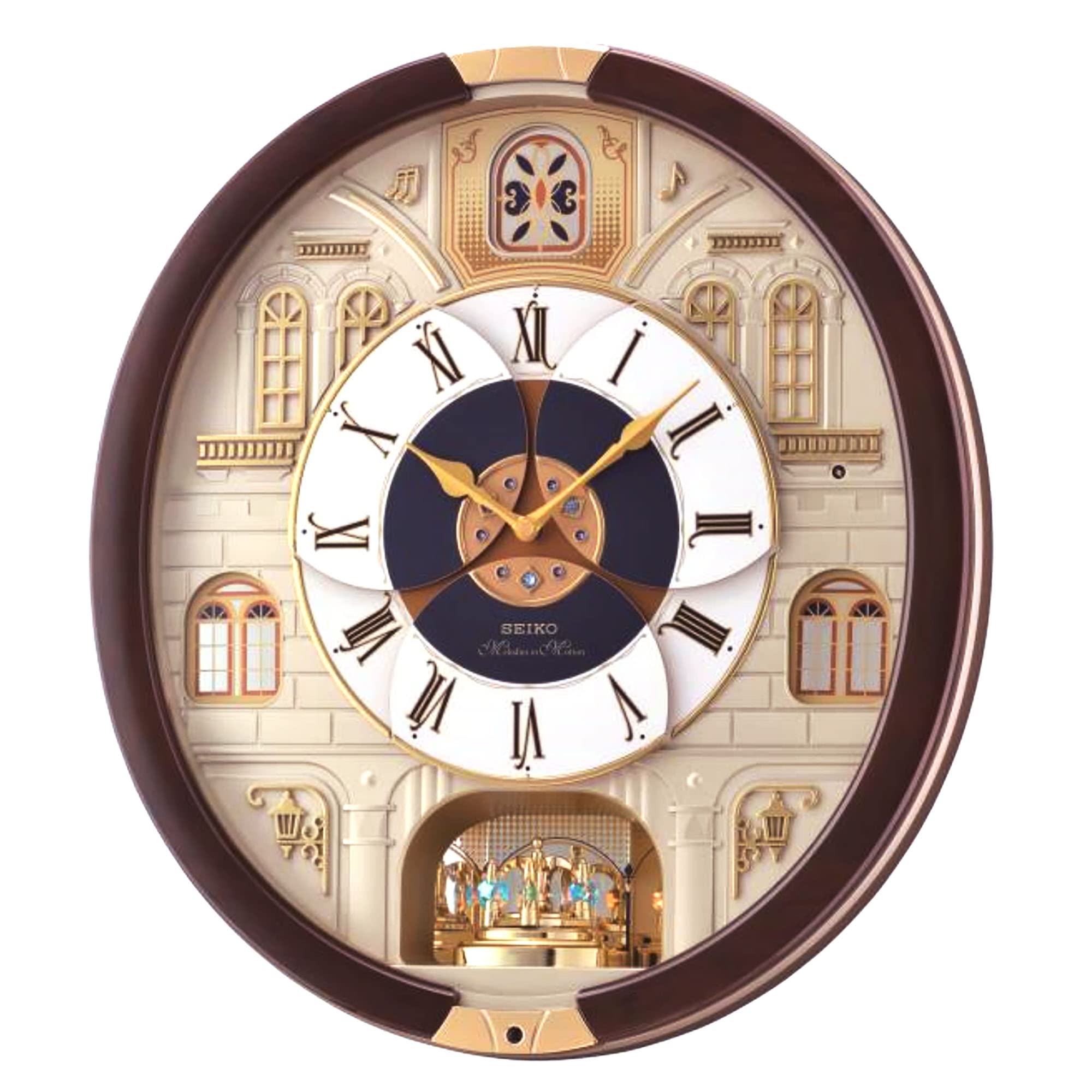 Seiko Melodies in Motion Wall Clock with Castle Windows Design - Battery Operated Silent Quartz Clock for Living Room, Bedroom, Office Decor