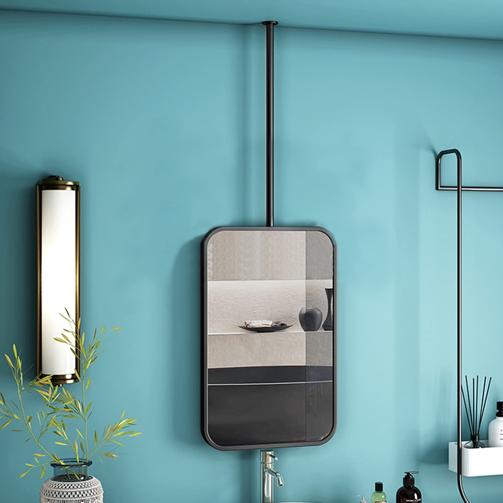 Nordic Black Rectangular Ceiling Hanging Mirror - 50cm x 70cm Bathroom Makeup Mirror with Hanging Rod for Shaving & Home Decor | Perfect for Bathroom, Washroom, Living Room & Entrance Decor
