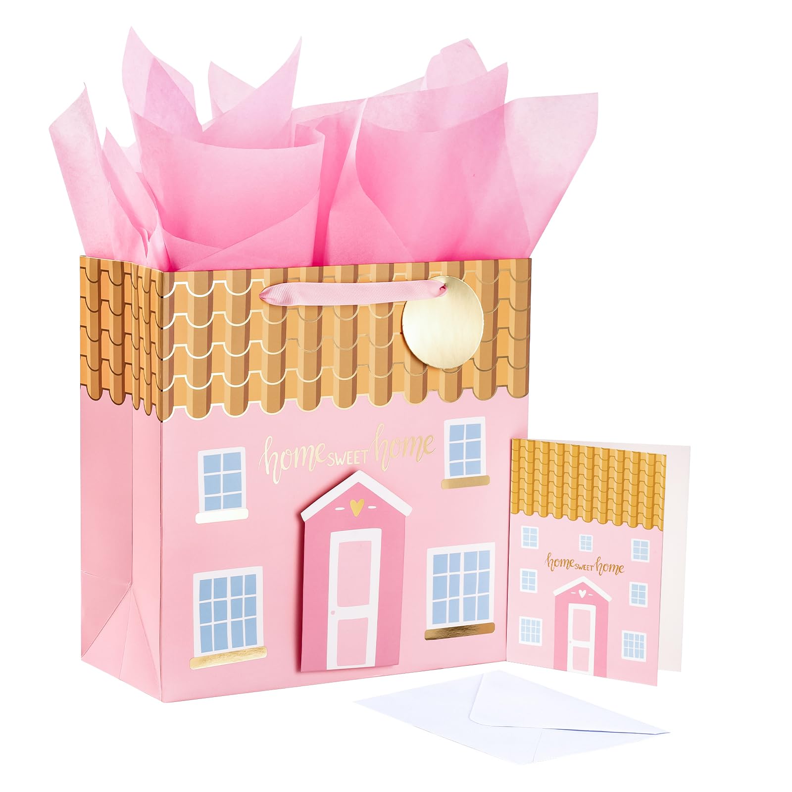 LeZakaa 10.4 Inch Pink House-Shaped Gift Bag Set with Tissue Paper, Gift Tag & Card - 3D House Sticker for Housewarming, New Home Gifts | Perfect for Welcome Parties, Bridal Showers & Holiday Present Exchanges