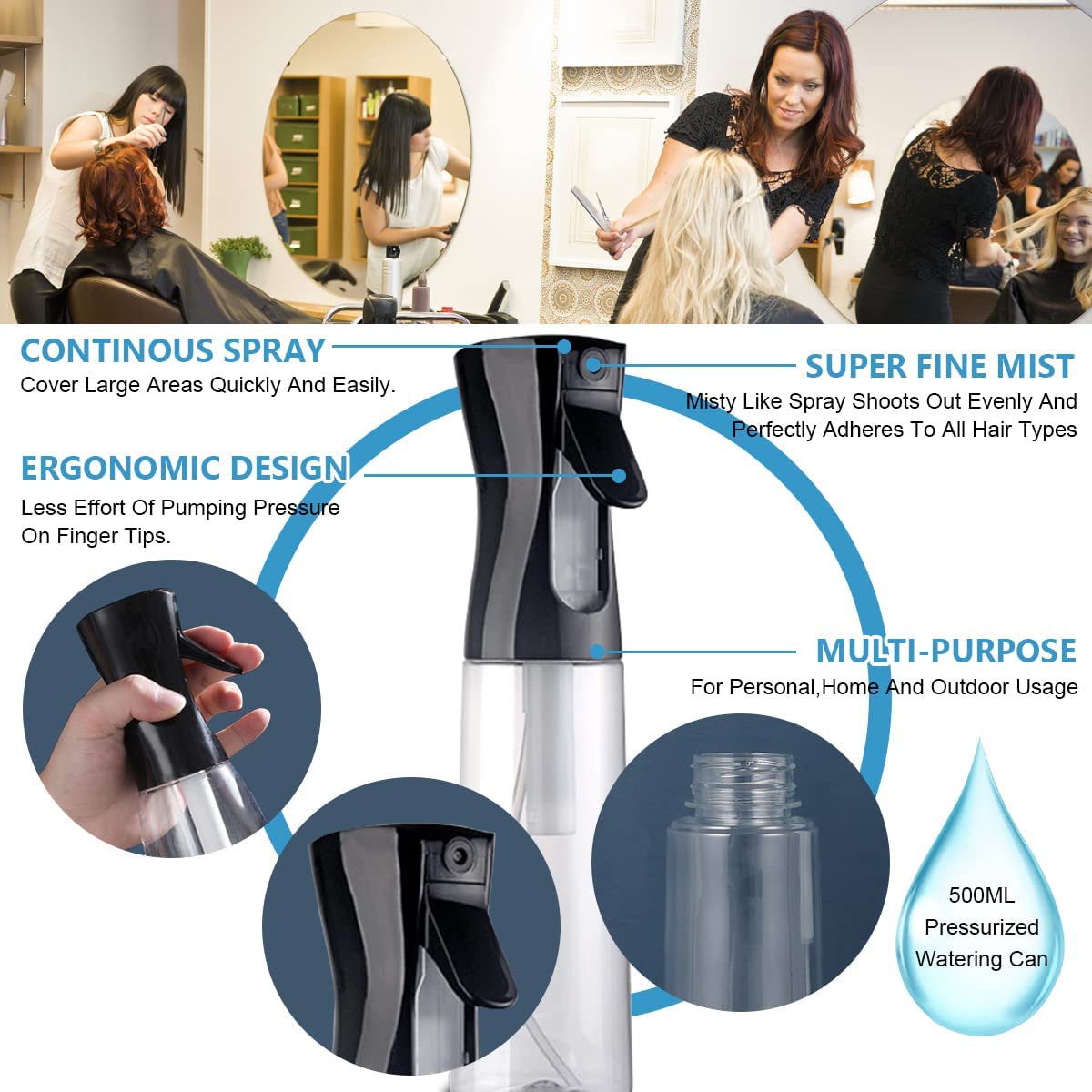 BA Professional Continuous Water Mister Spray Bottle - 300ml Fine Mist Hair Sprayer for Curly Hair, Hairstyling & Morning Routine | Empty Refillable Trigger Bottle for Salon, Plants Cleaning & Home Use (Multi Color)