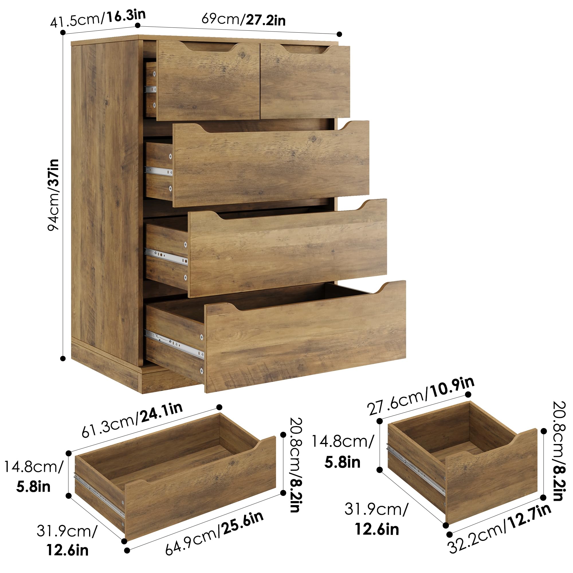 HOSTACK Modern 5-Drawer Wooden Dresser with Storage - Rustic Brown Chest of Drawers for Bedroom, Living Room, Entryway & Hallway - Space-Saving Storage Cabinet with Cut-Out Handles for Clothes, Linens & Home Organization