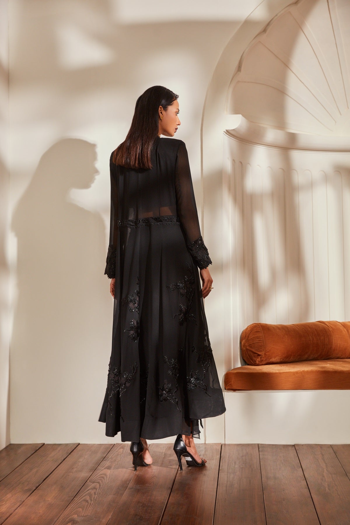 Elegant Black Pleated Drape Skirt Set with Blouse & Jacket - Noir Glass Bead Embroidery for Women | Perfect for Office Wear, Evening Parties & Special Occasions