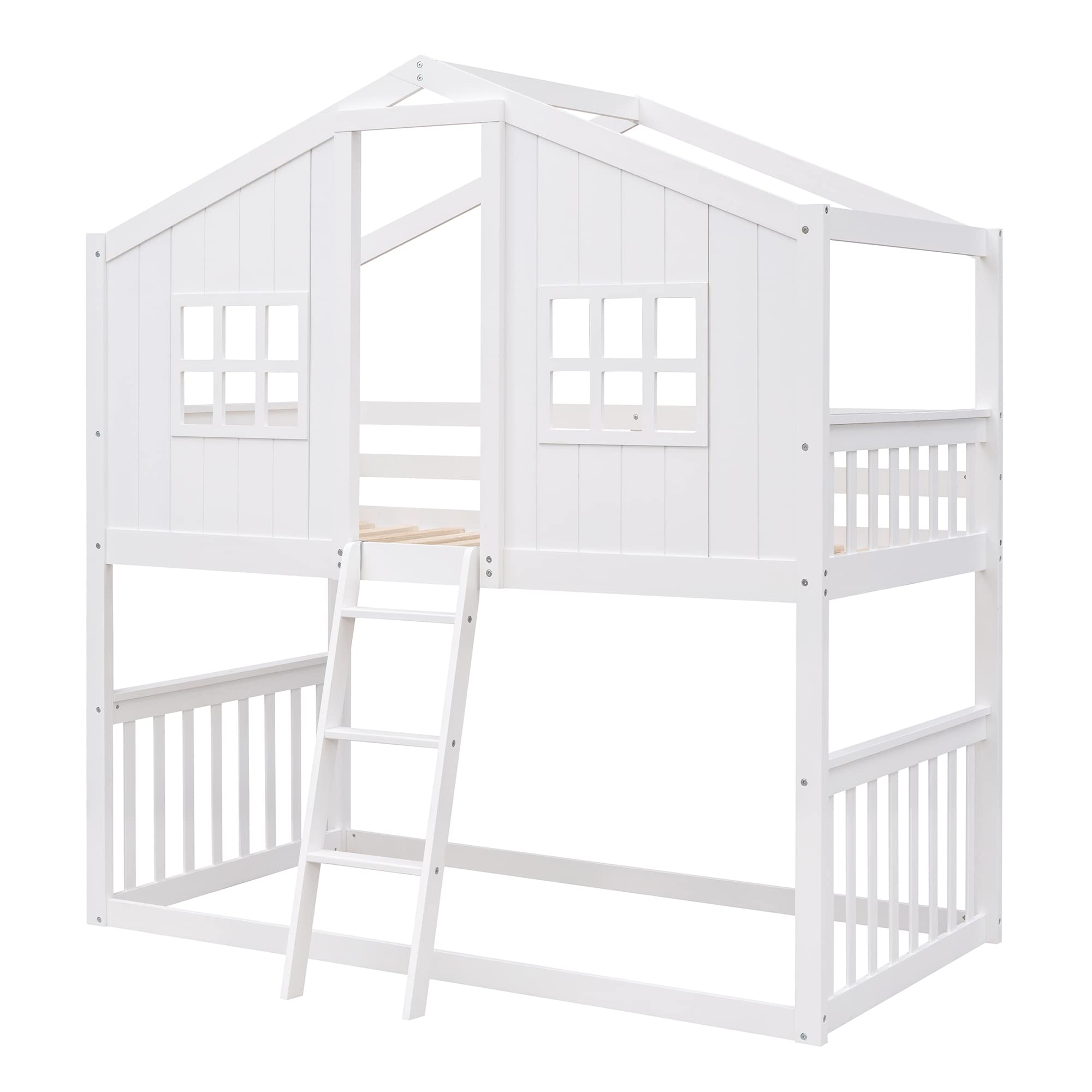 P PURLOVE Twin Over Twin Wooden Bunk Bed for Kids - Playhouse Loft Bed with Slats, Roof, Window & Guardrail - Sturdy & Safe for Boys, Girls & Teens - Perfect for Bedrooms, Playrooms & Small Spaces