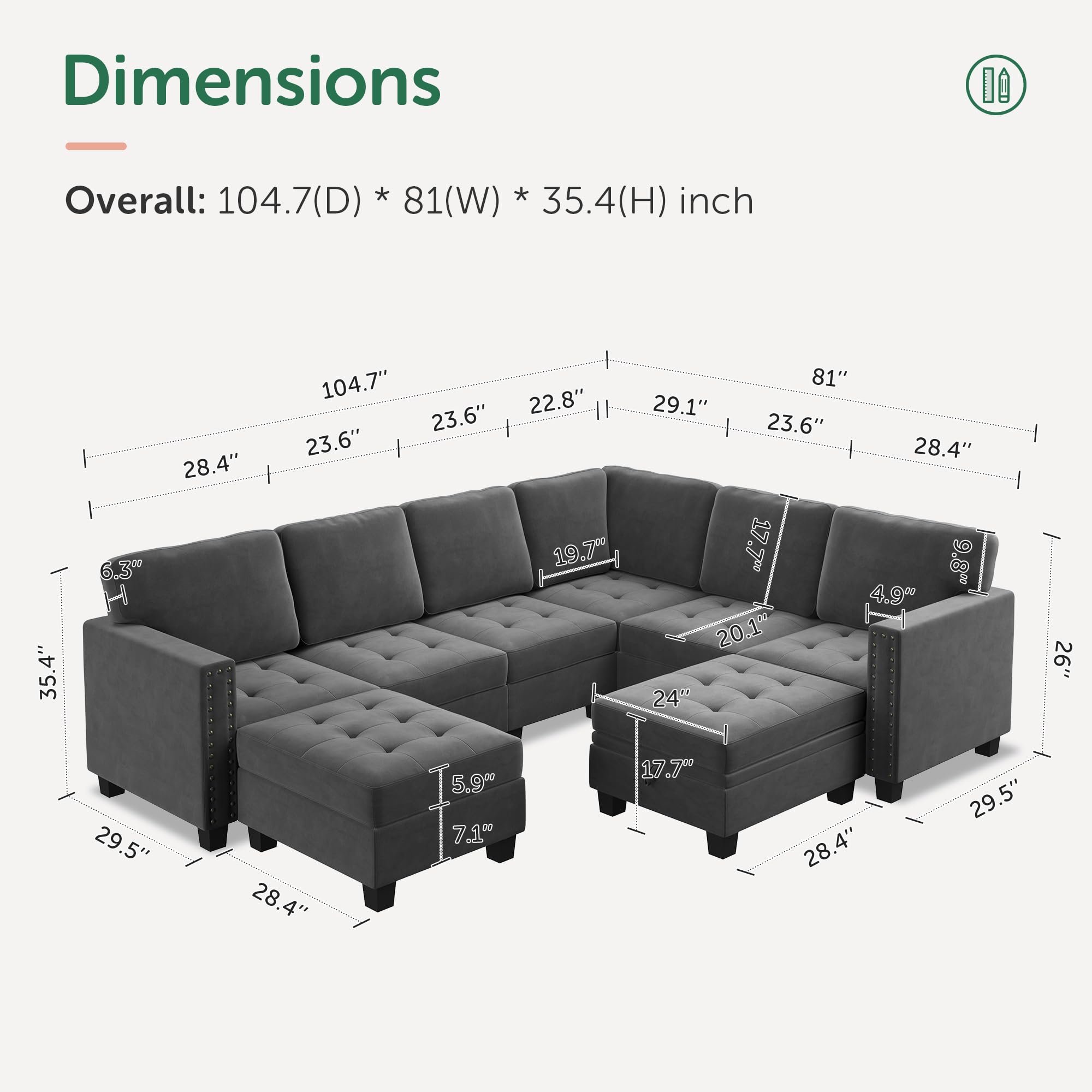 HONBAY Velvet Modular Sectional Sofa - L-Shaped Couch with Storage Ottoman & Top Tray, U-Shape Living Room Sofa in Grey | Perfect for Small Spaces, Apartments & Cozy Home Decor