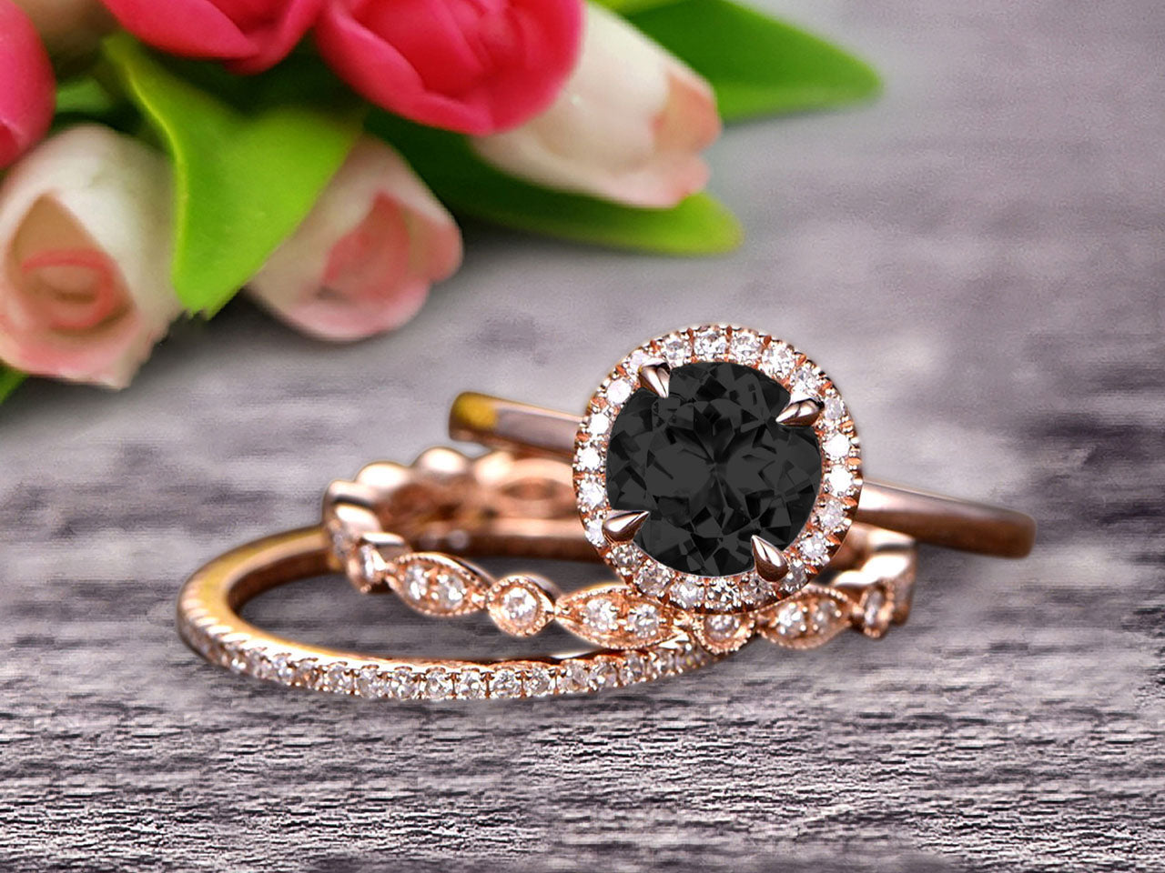 10K Rose Gold Art Deco Wedding Ring Set - 1.75 Carat Round Cut Black Diamond & Moissanite Matching Band for Women, Anniversary Gift for Her, Perfect for Proposals, Engagements, and Special Occasions