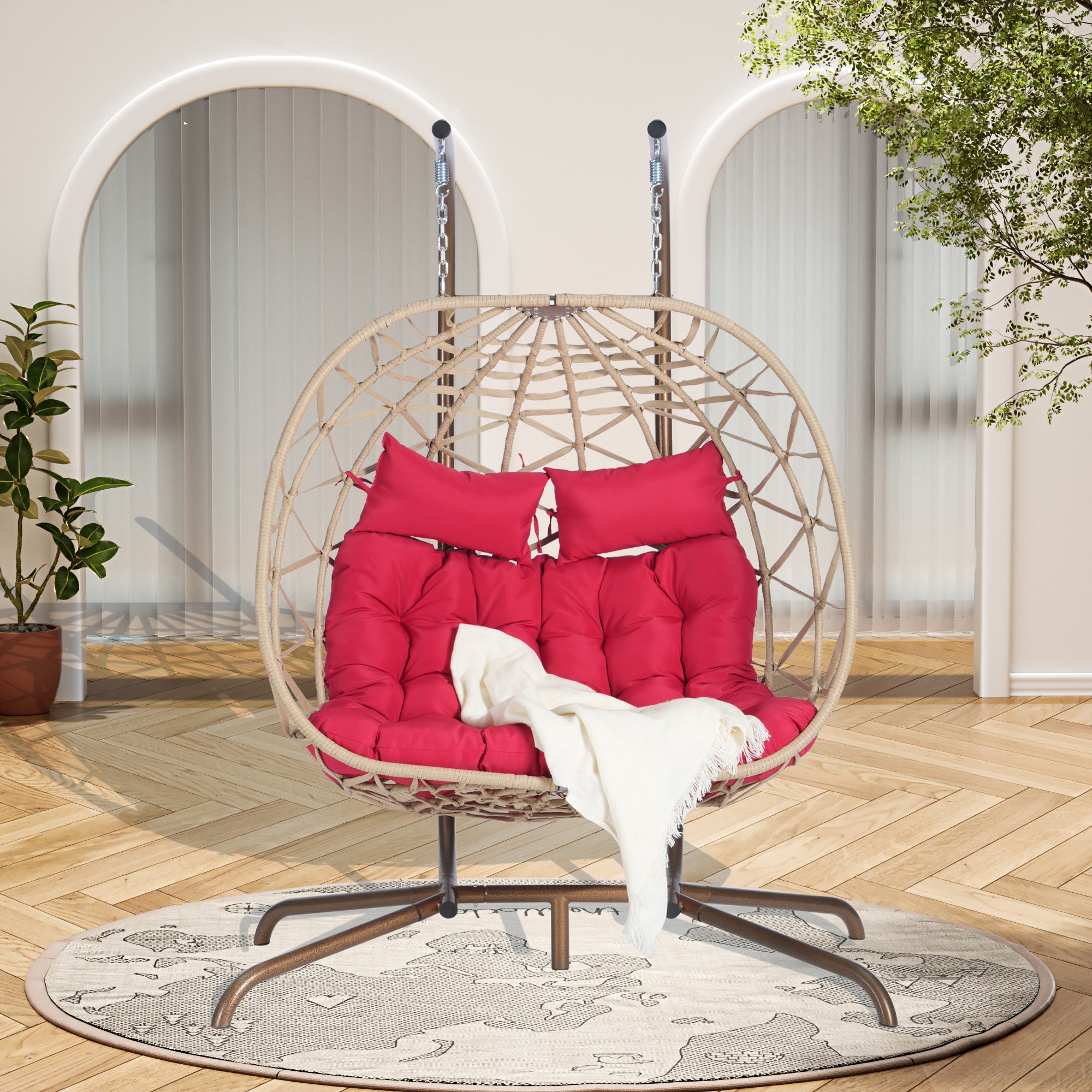 Double Egg Chair with Stand - Indoor/Outdoor Hanging Wicker Rattan Swing Chair with UV-Resistant Cushions (600 lbs Capacity) - Perfect for Bedroom, Balcony, Patio & Garden Relaxation