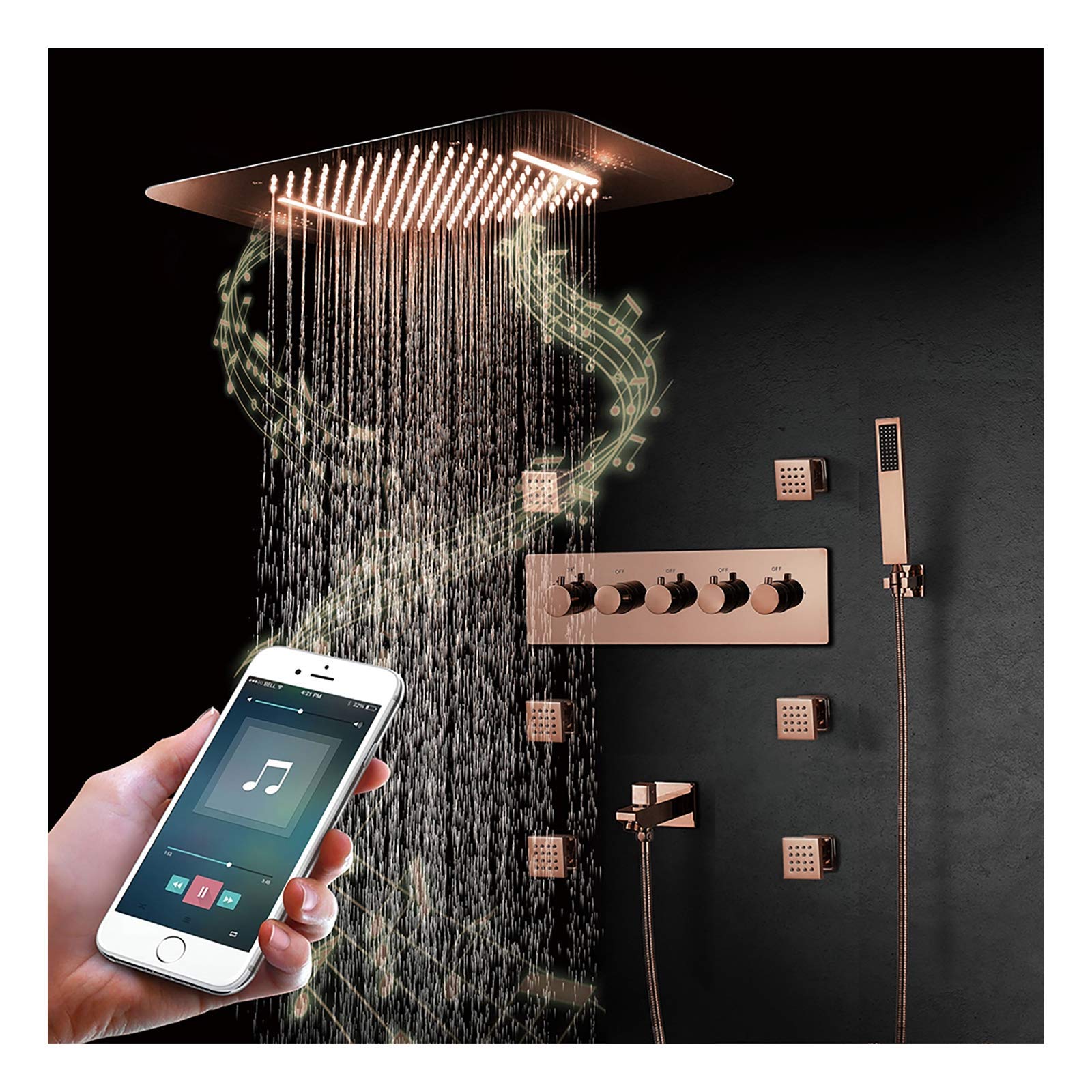 GELISURE 64-Color LED Thermostatic Shower System - Rose Gold Rainfall Shower Head, Handheld Spray, Body Jets & Bathtub Faucet with Touch Control Panel | Modern Bathroom Upgrade for Spa-Like Experience